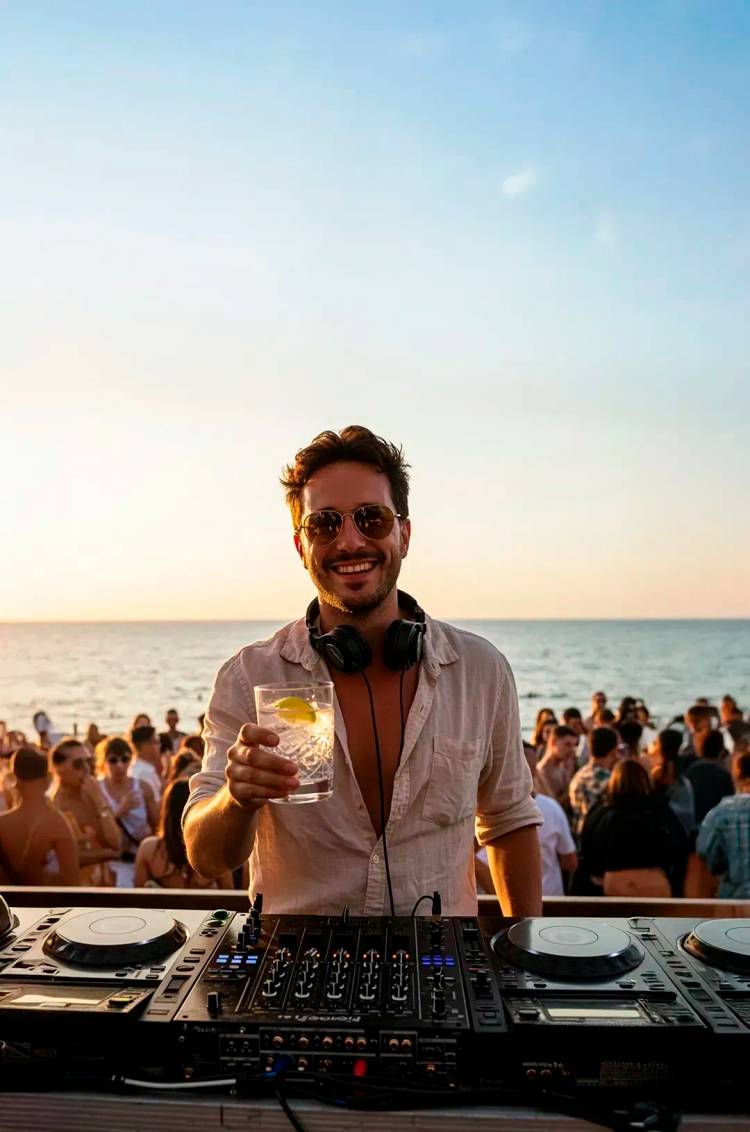 DJ mezclando música al atardecer con ambiente festivo en un barco de lujo en Los Cabos.