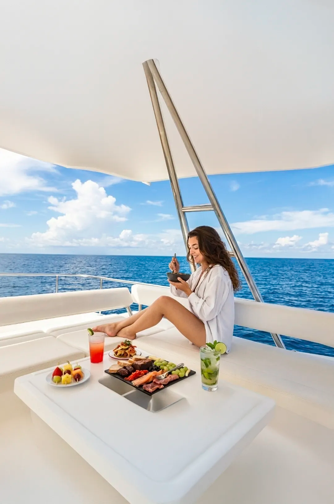 Guest enjoying chef-style dining and cocktails aboard TwentyFive premium catamaran during a luxury day cruise in Cabo.