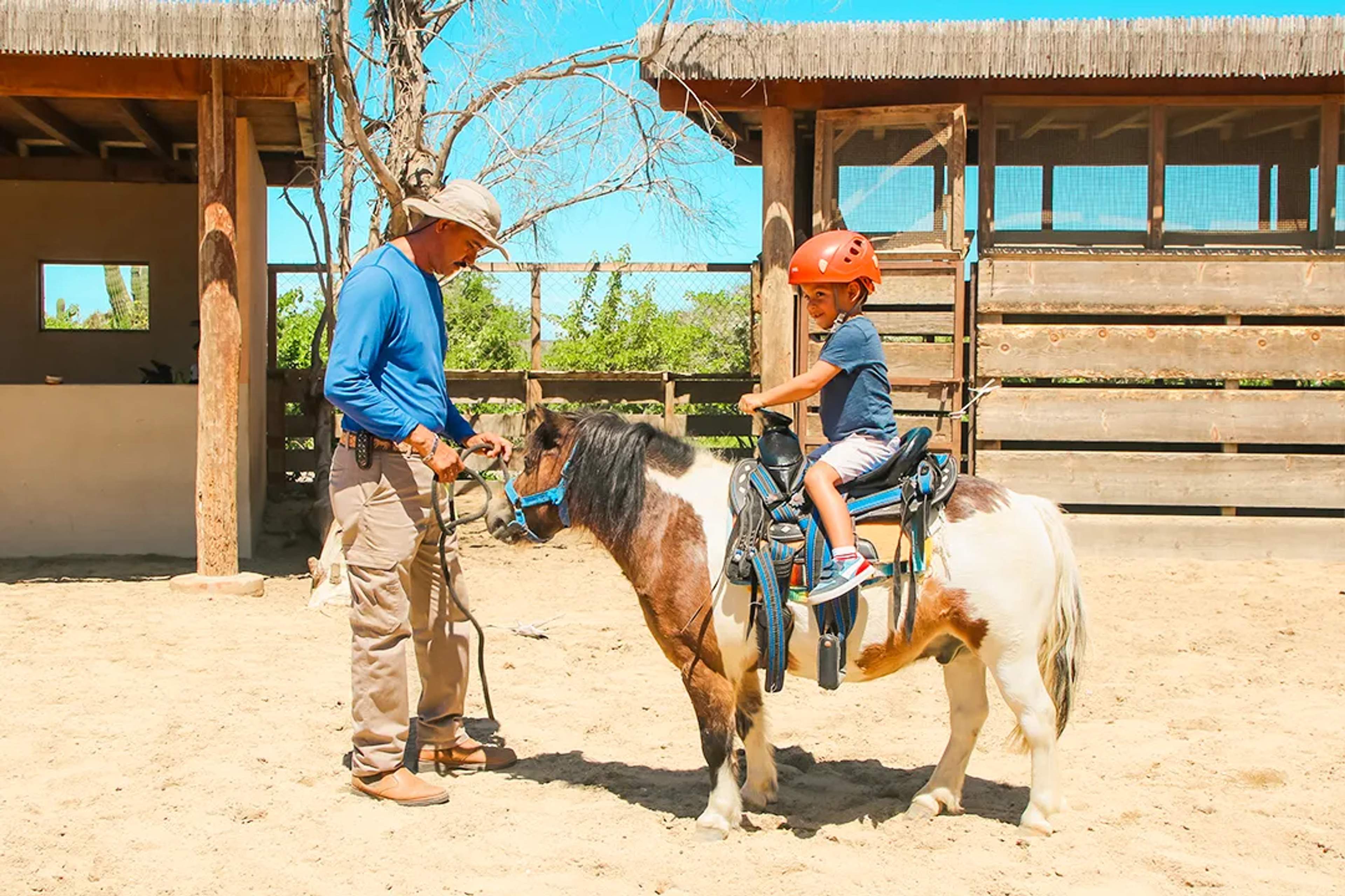 Niño disfrutando un paseo en pony con guía durante una aventura familiar en Cabo San Lucas
