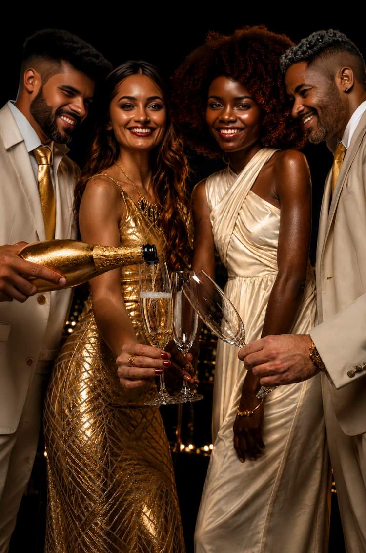 Guests in gold and white toast with sparkling wine on Cabo Adventures’ Golden Midnight tour.