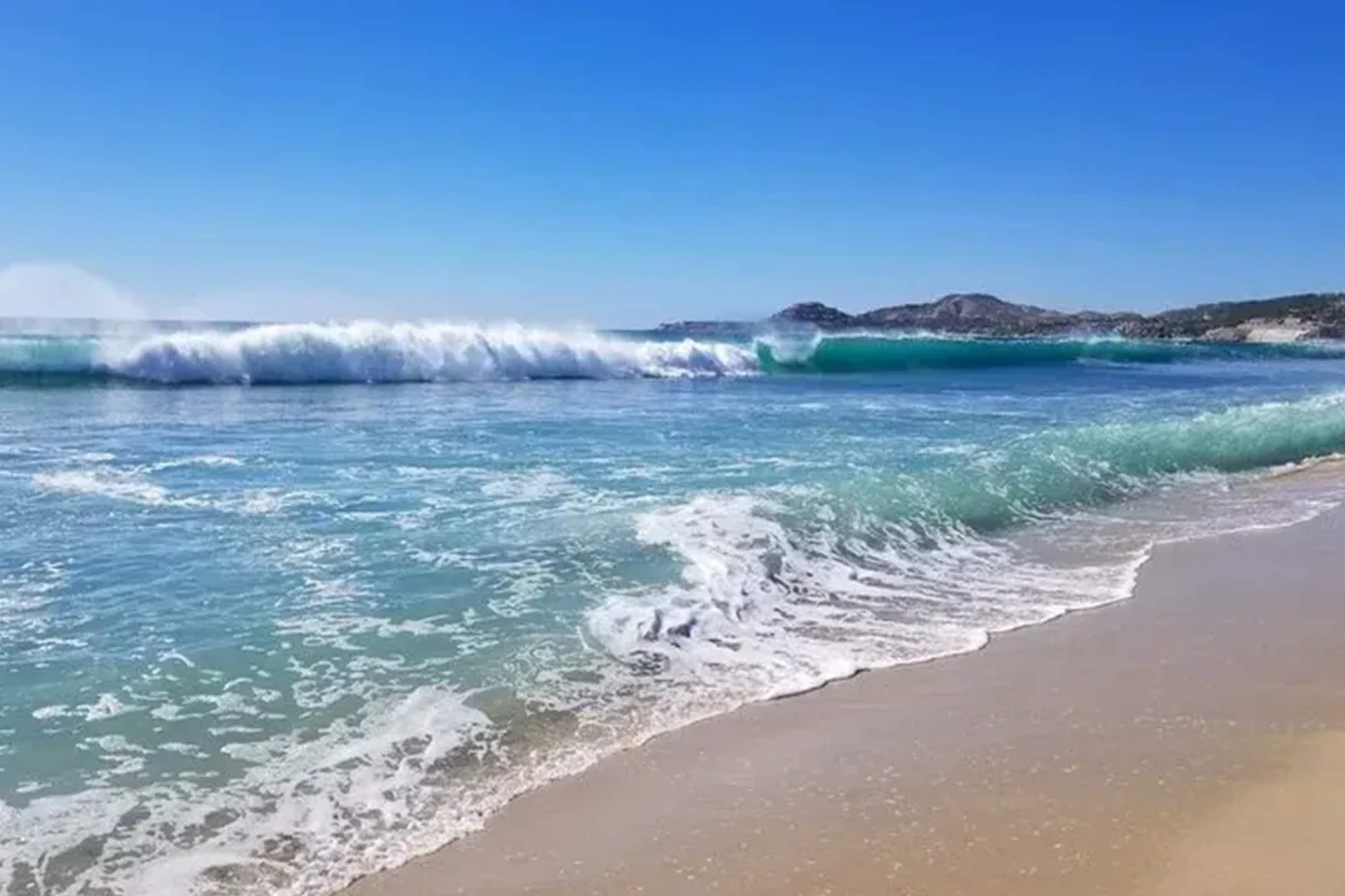 Olas suaves rompen en una playa de arena dorada bajo un cielo azul en Los Cabos, México.