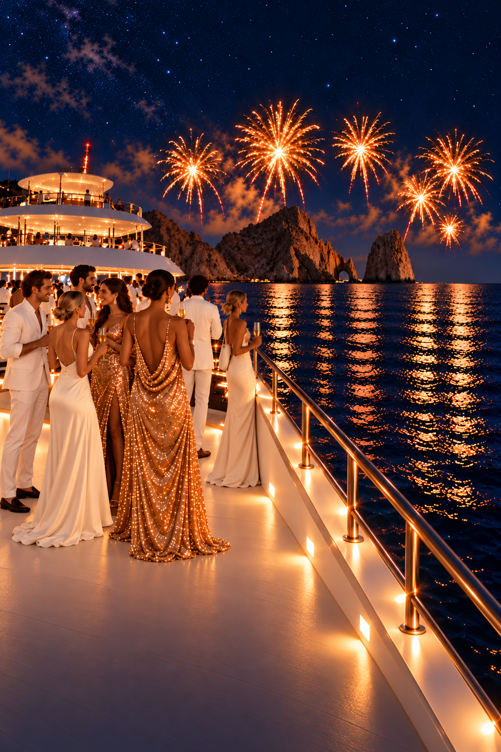 Guests celebrating New Year’s Eve aboard TwentyFive with fireworks over El Arco in Cabo San Lucas.