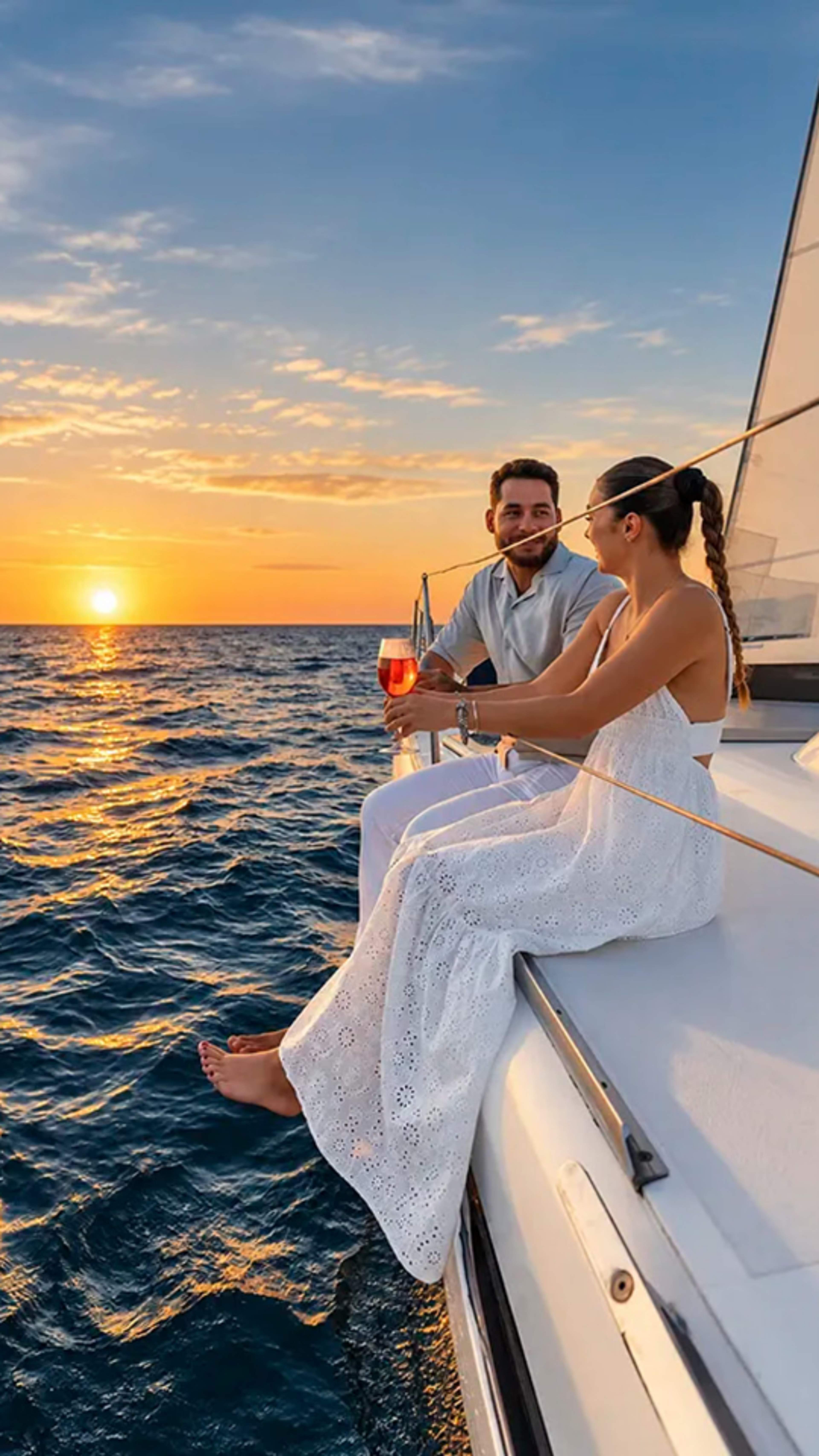 Couple enjoying drinks aboard a luxury Cabo Adventures sailboat at sunset in Los Cabos.