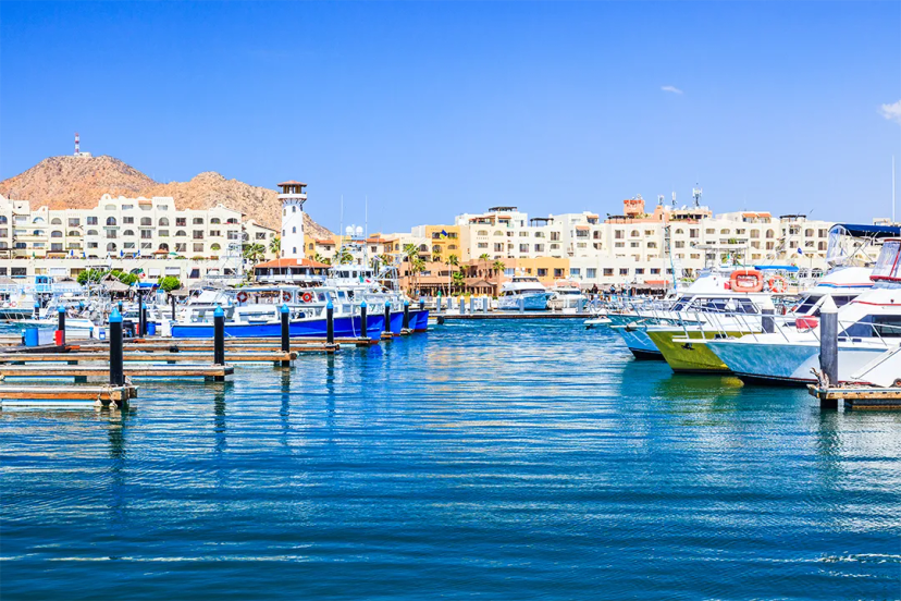 Un puerto deportivo con barcos atracados y edificios al fondo en un día soleado.