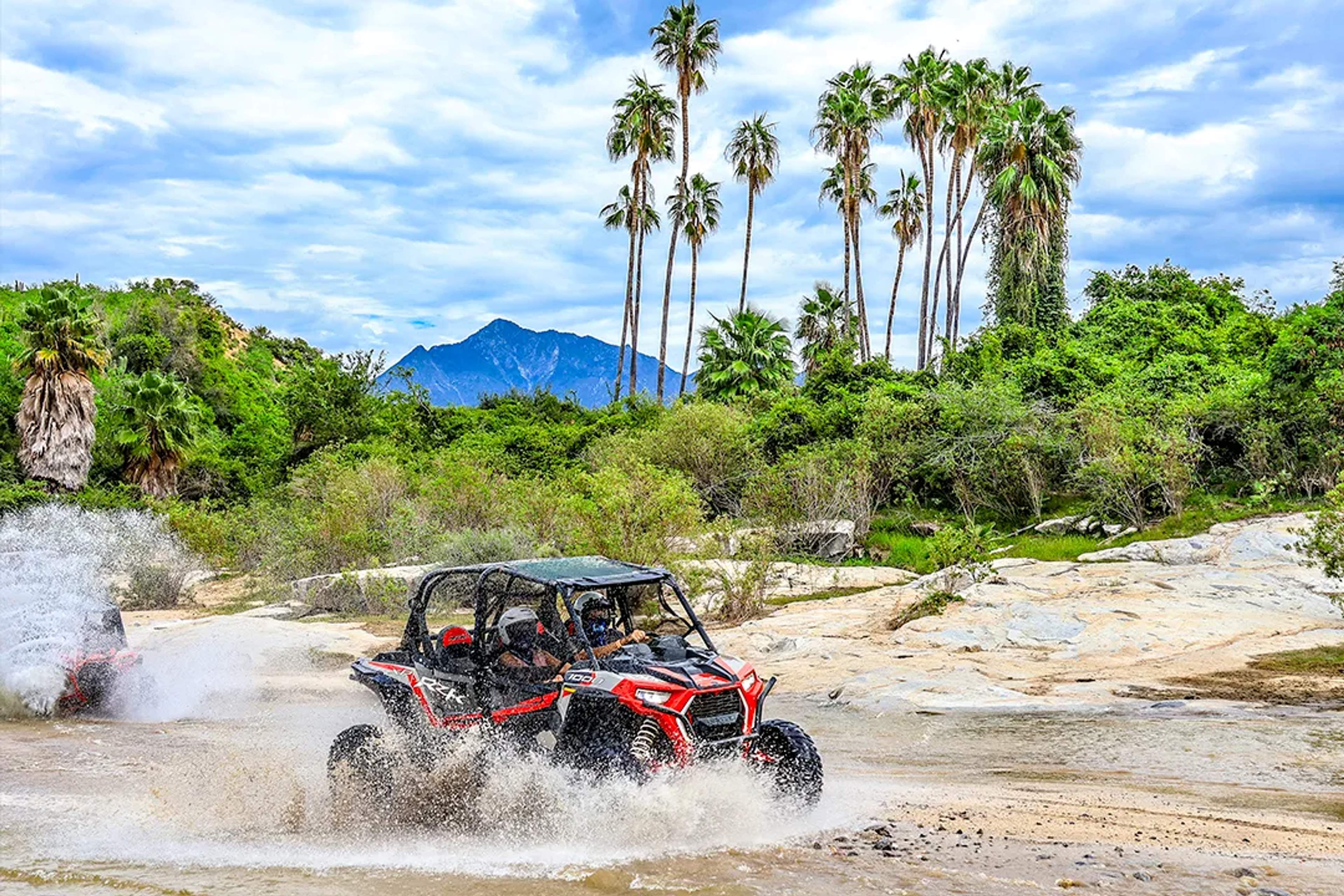 UTV off-road adventure splashing through rivers and desert trails surrounded by palm trees and mountains in Los Cabos