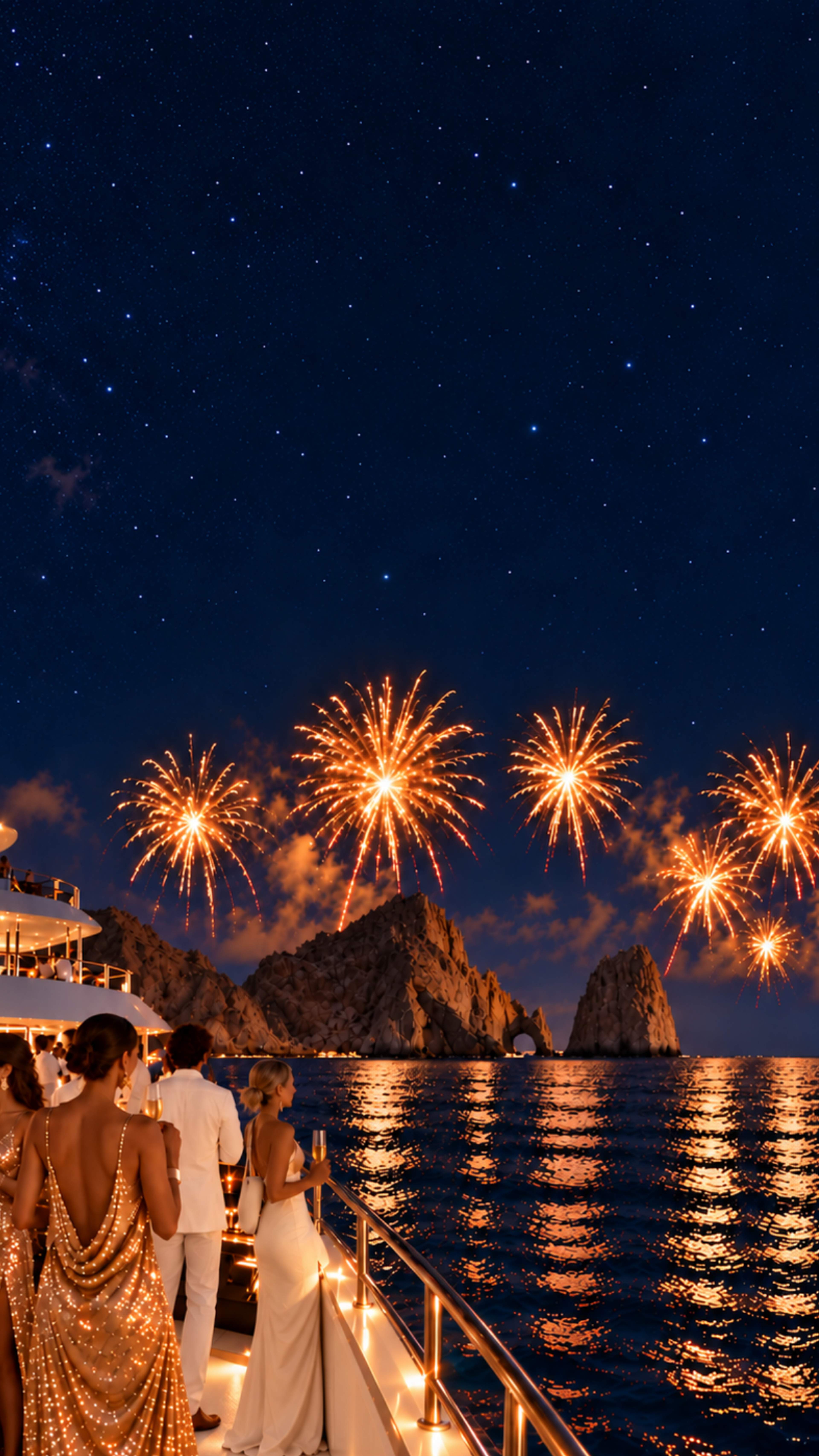 Guests celebrating New Year’s Eve aboard TwentyFive with fireworks over El Arco in Cabo San Lucas.