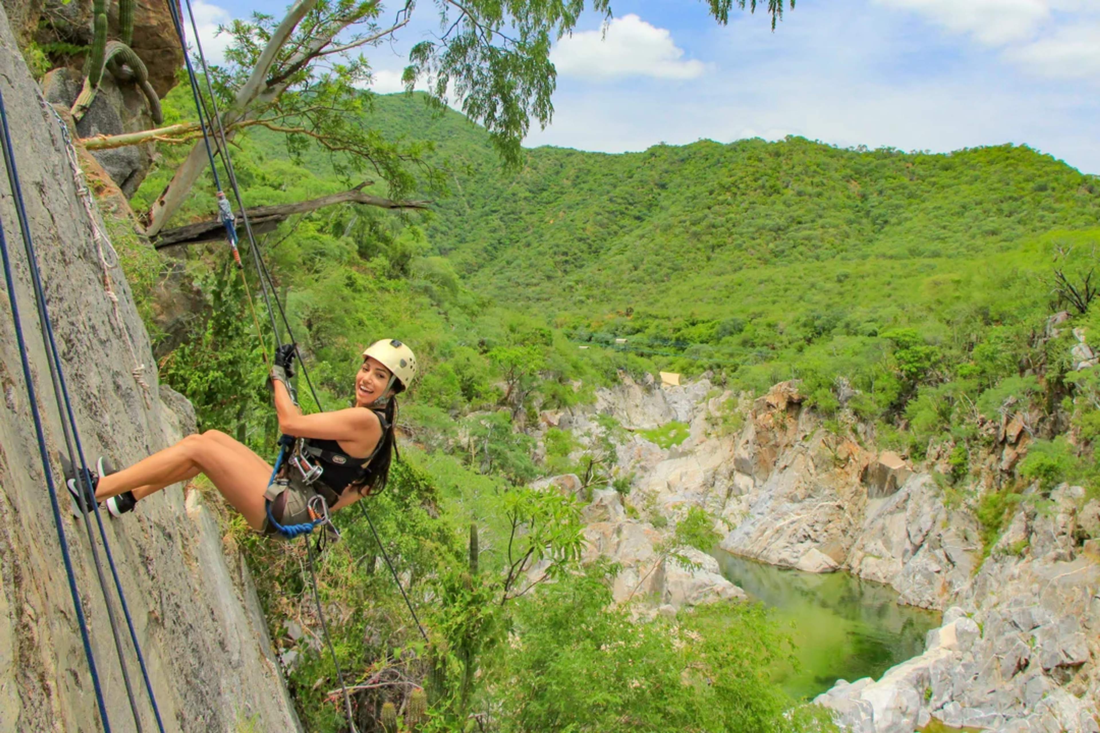 Rappel down vibrant canyon walls surrounded by lush Baja wilderness and fresh air.