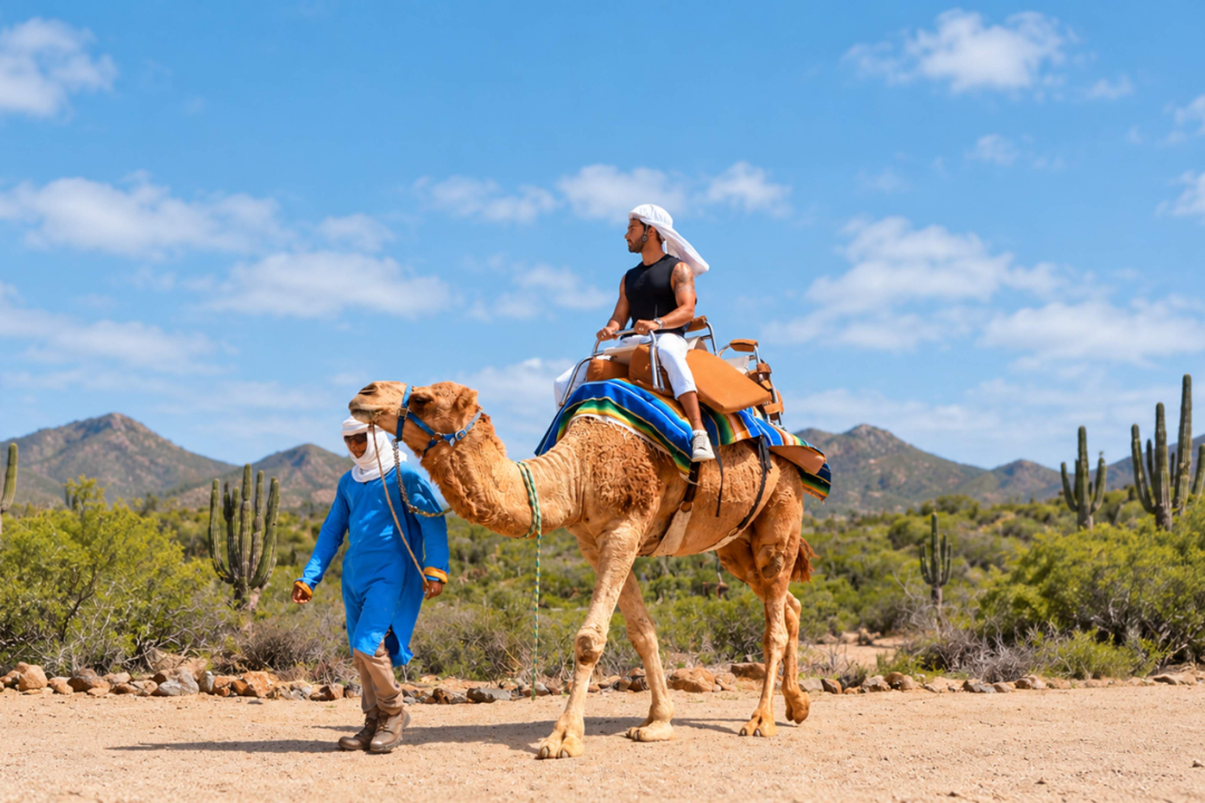 Adult traveler rides a camel with Cabo Adventures through the cactus-filled Baja desert in Los Cabos.