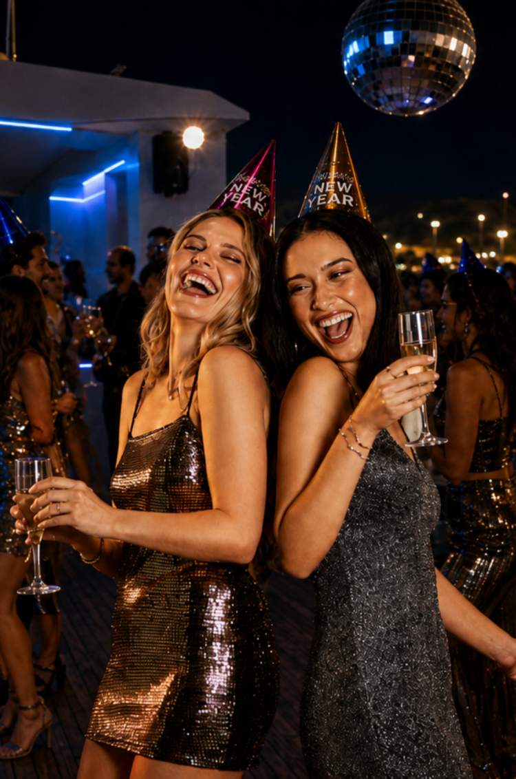 Guests toast and dance at the New Year’s Eve party aboard Oceanus by Cabo Adventures as fireworks illuminate Cabo's Bay.