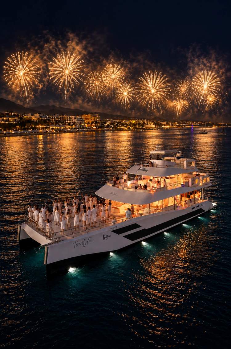 New Years catamaran Golden Mignight with guests in white enjoying fireworks over the ocean with Cabo Adventures
