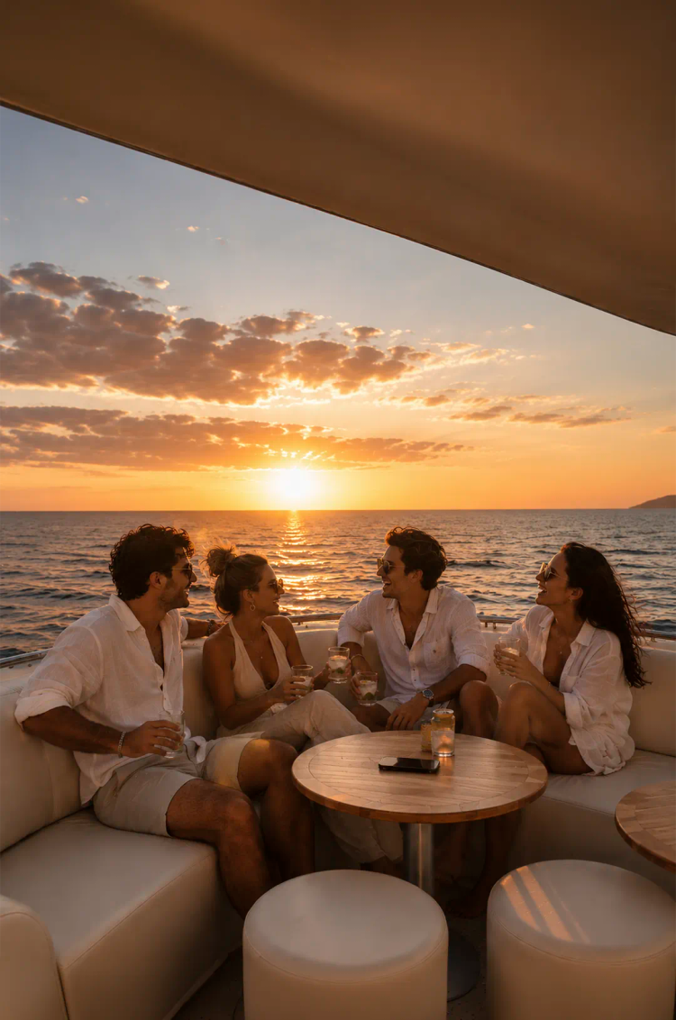 Amigos disfrutan cócteles al atardecer en un catamarán de lujo con vista al mar.