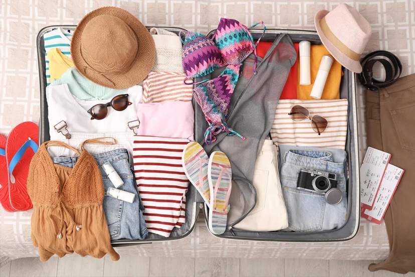 Open suitcase packed with swimsuits, summer clothes, hats and travel essentials for a Cabo March trip