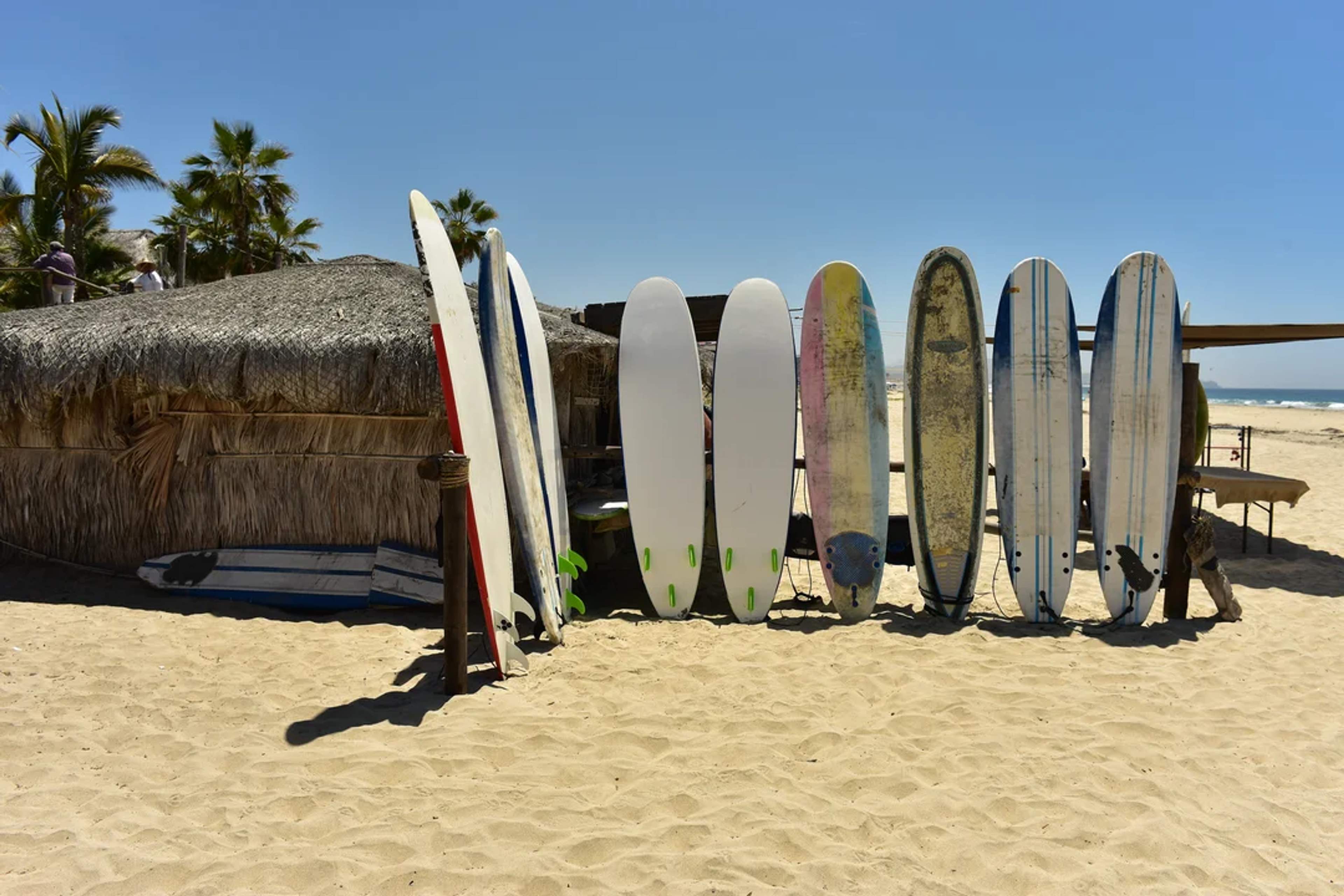 Surfboards lined up on the sand by a palapa hut, ready for action under the sunny beach sky.