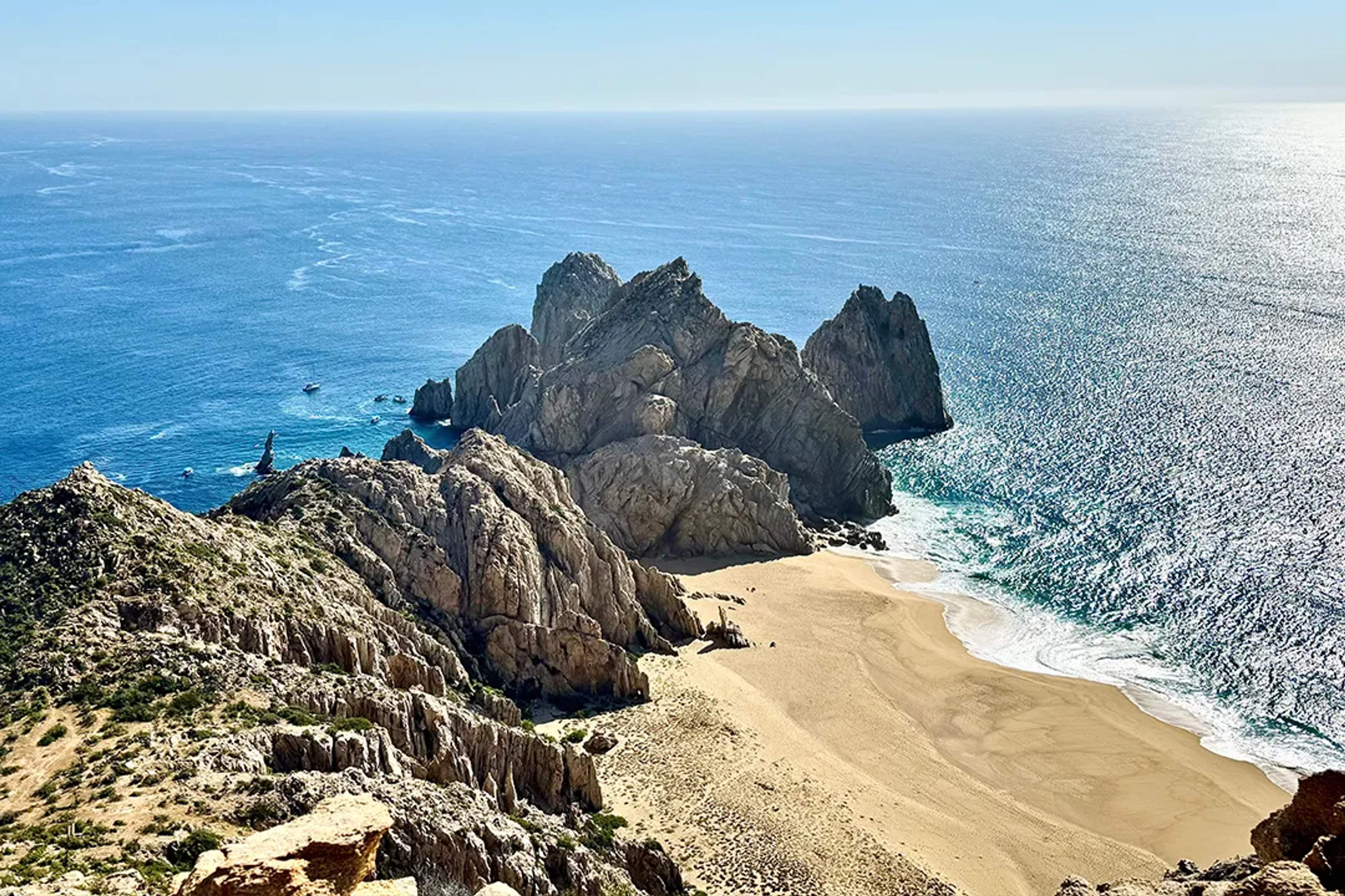 View of Playa del Amor and rocky formations at Land’s End in Cabo San Lucas, Mexico.