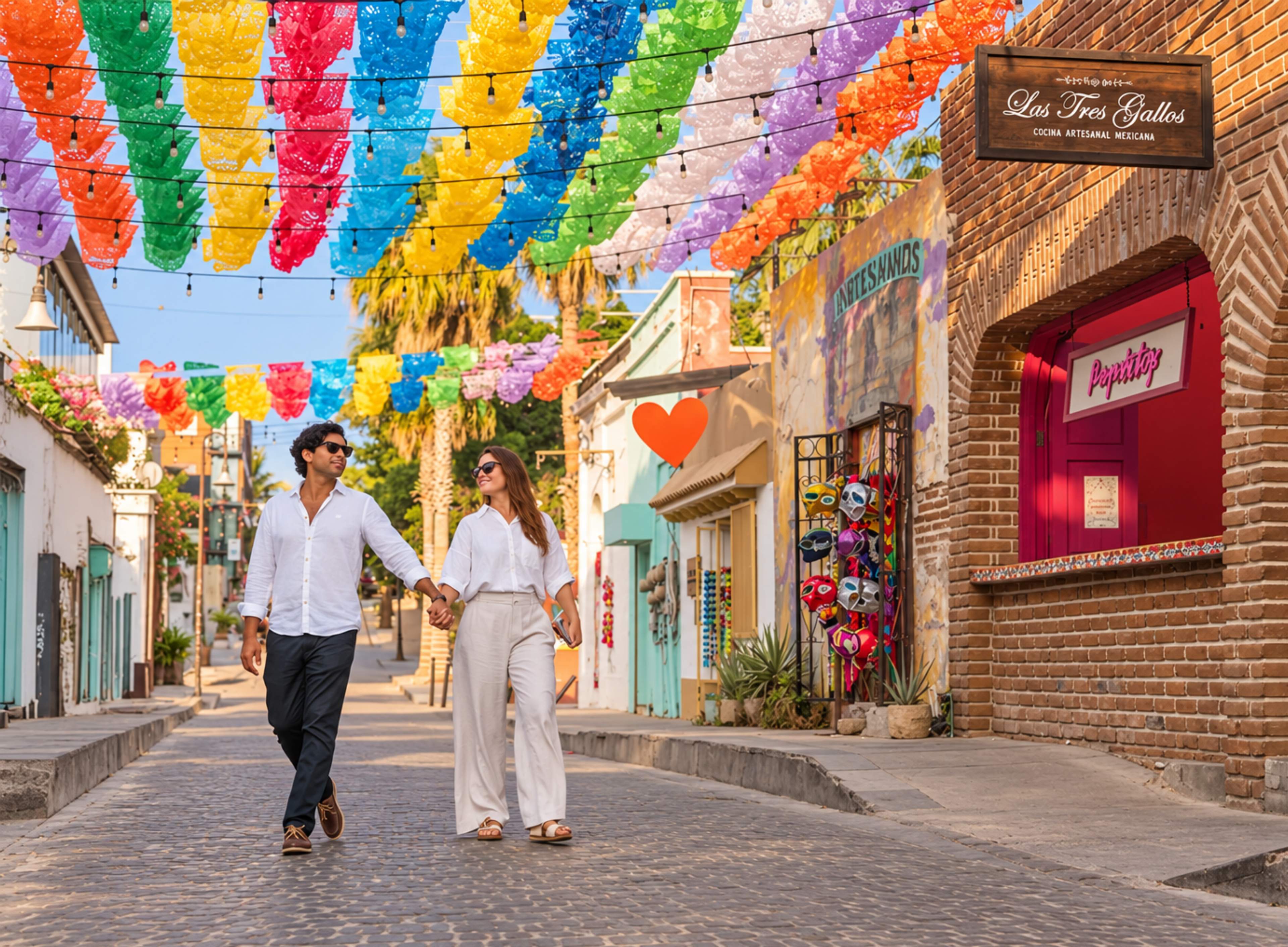 Romantic couple walking in San Jose del Cabo during a city tour with Cabo Adventures.