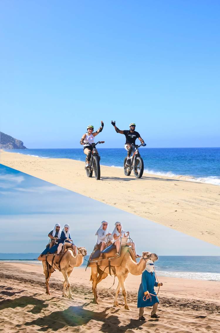 Personas disfrutando de un paseo en bicicleta y un safari en camello por la playa en Cabo San Lucas.