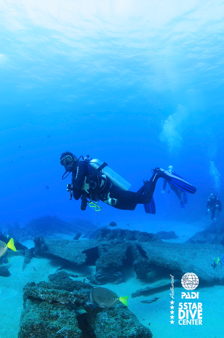 Buzos explorando un barco hundido rodeado de peces de cola amarilla en un océano azul profundo. Logo de PADI Dive Center.