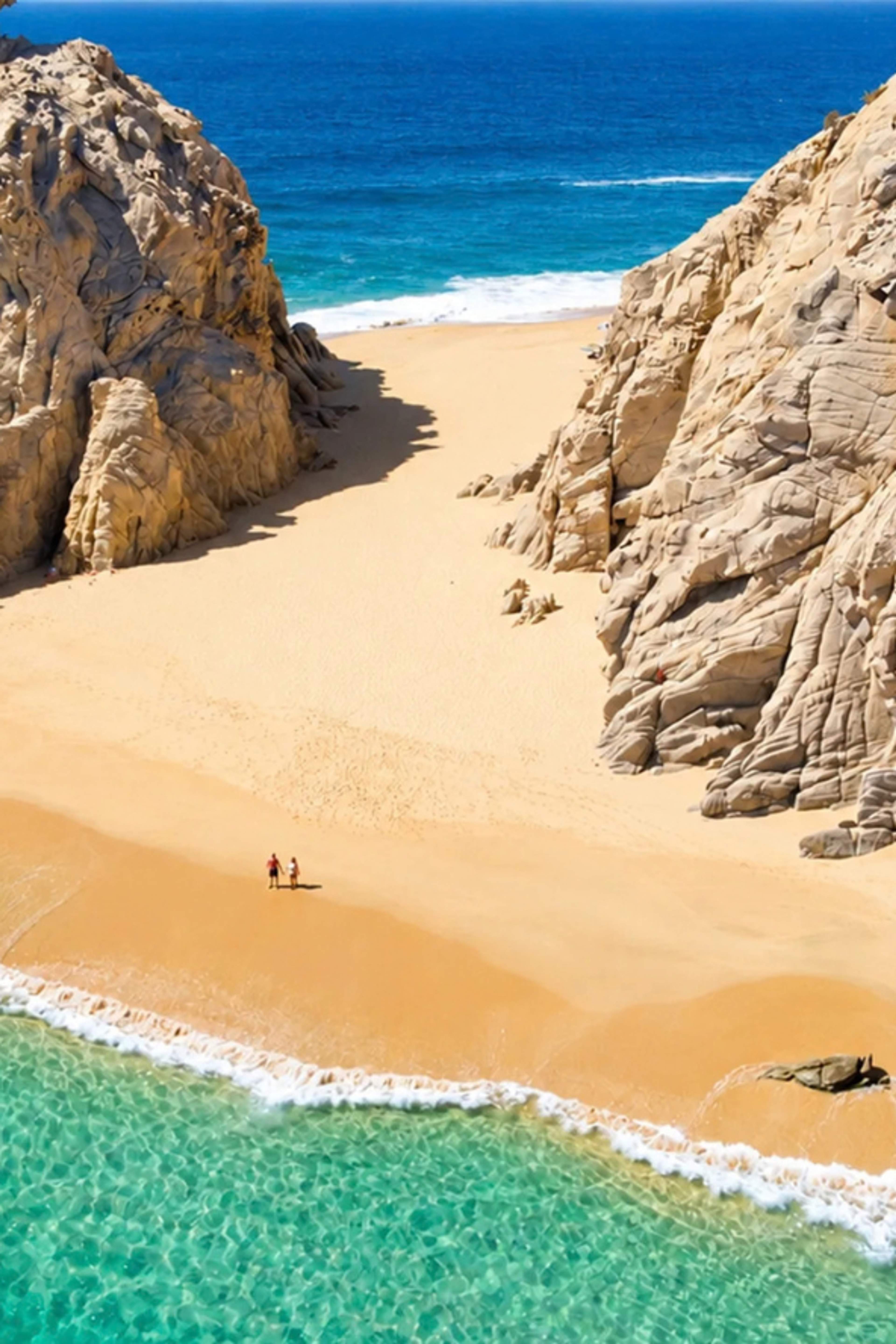Aerial view of Lover’s and Divorce beaches at Land’s End, explored by families with Cabo Adventures.