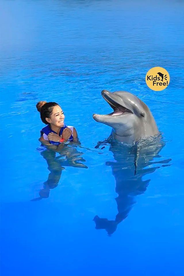 Woman enjoying a dolphin swim in Cabo San Lucas.