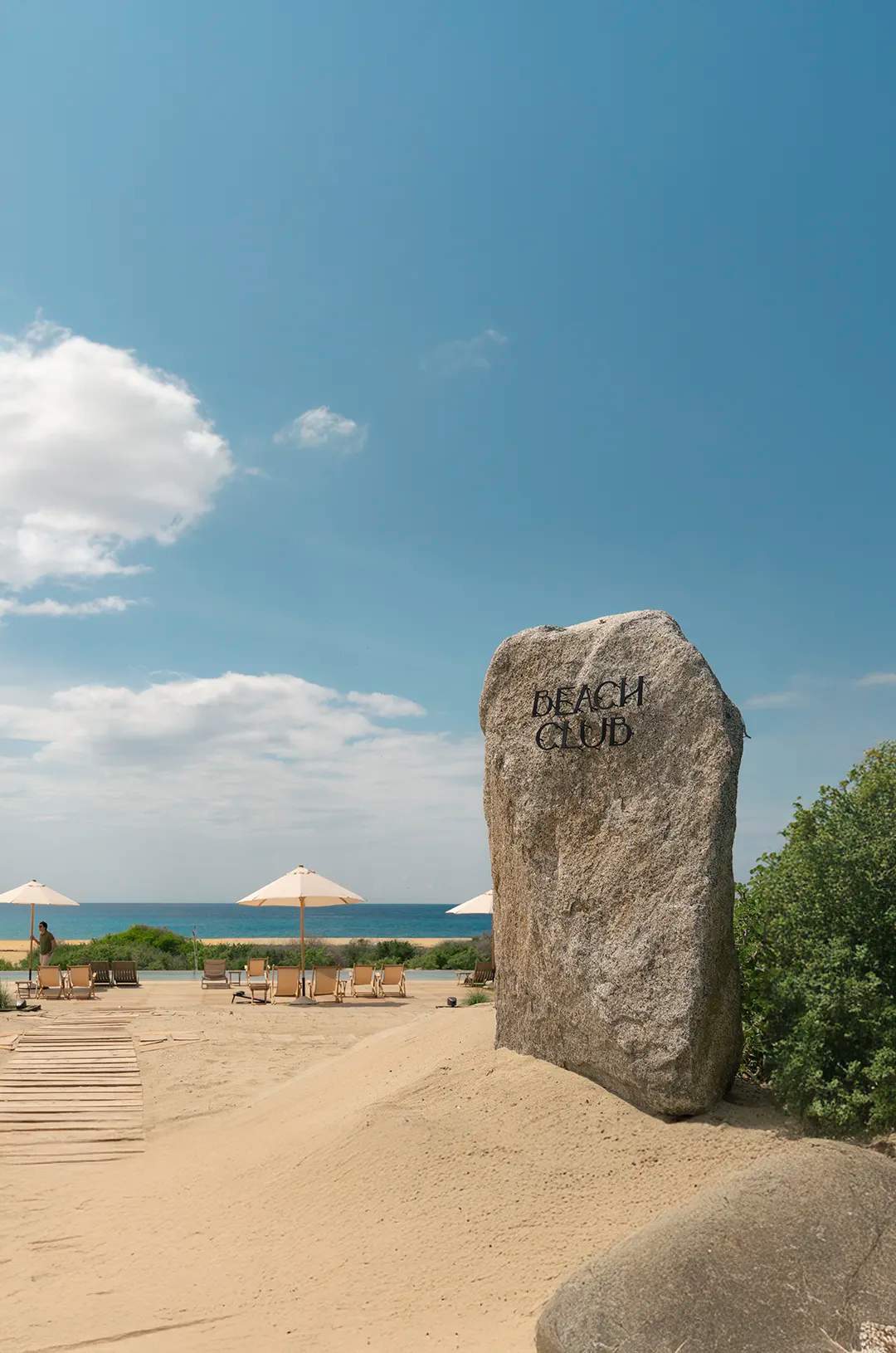 Entrance to Tierra Sagrada Beach Club with ocean view in Los Cabos, Baja California Sur.