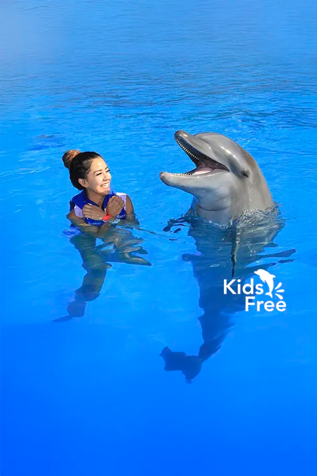 Mujer disfrutando de un nado con delfines en Cabo San Lucas.