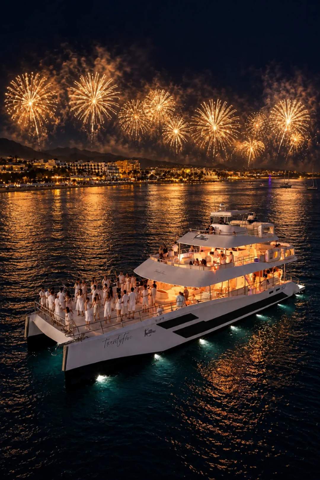 New Year’s Eve Golden Midnight aboard TwentyFive catamaran by Cabo Adventures with fireworks over Cabo San Lucas Bay.