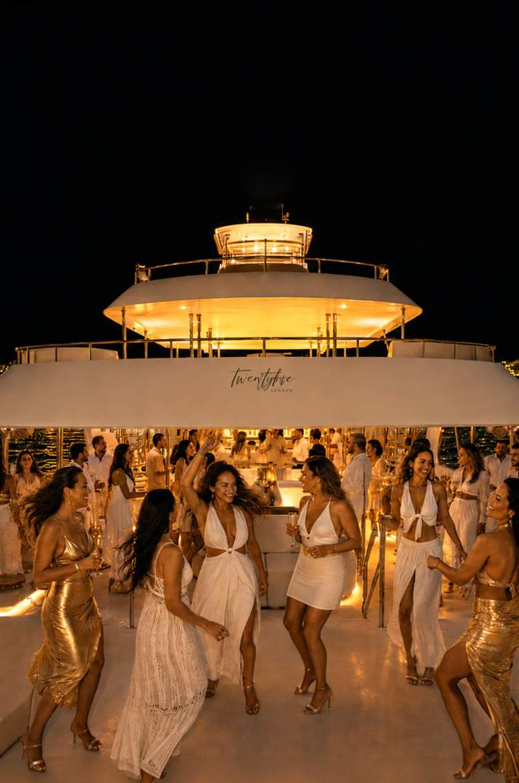 Guests celebrating Golden Midnight NYE aboard the TwentyFive catamaran dressed in white and gold.