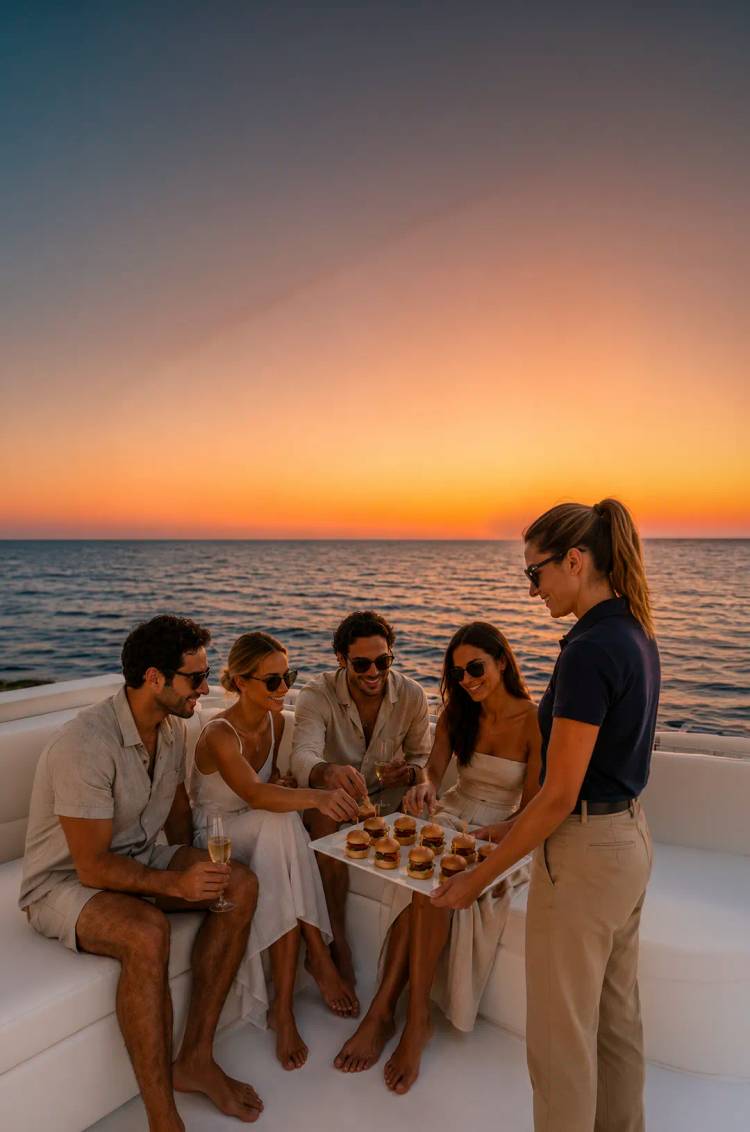 Invitados disfrutan sliders y bebidas en un catamarán de lujo durante un atardecer frente al mar.