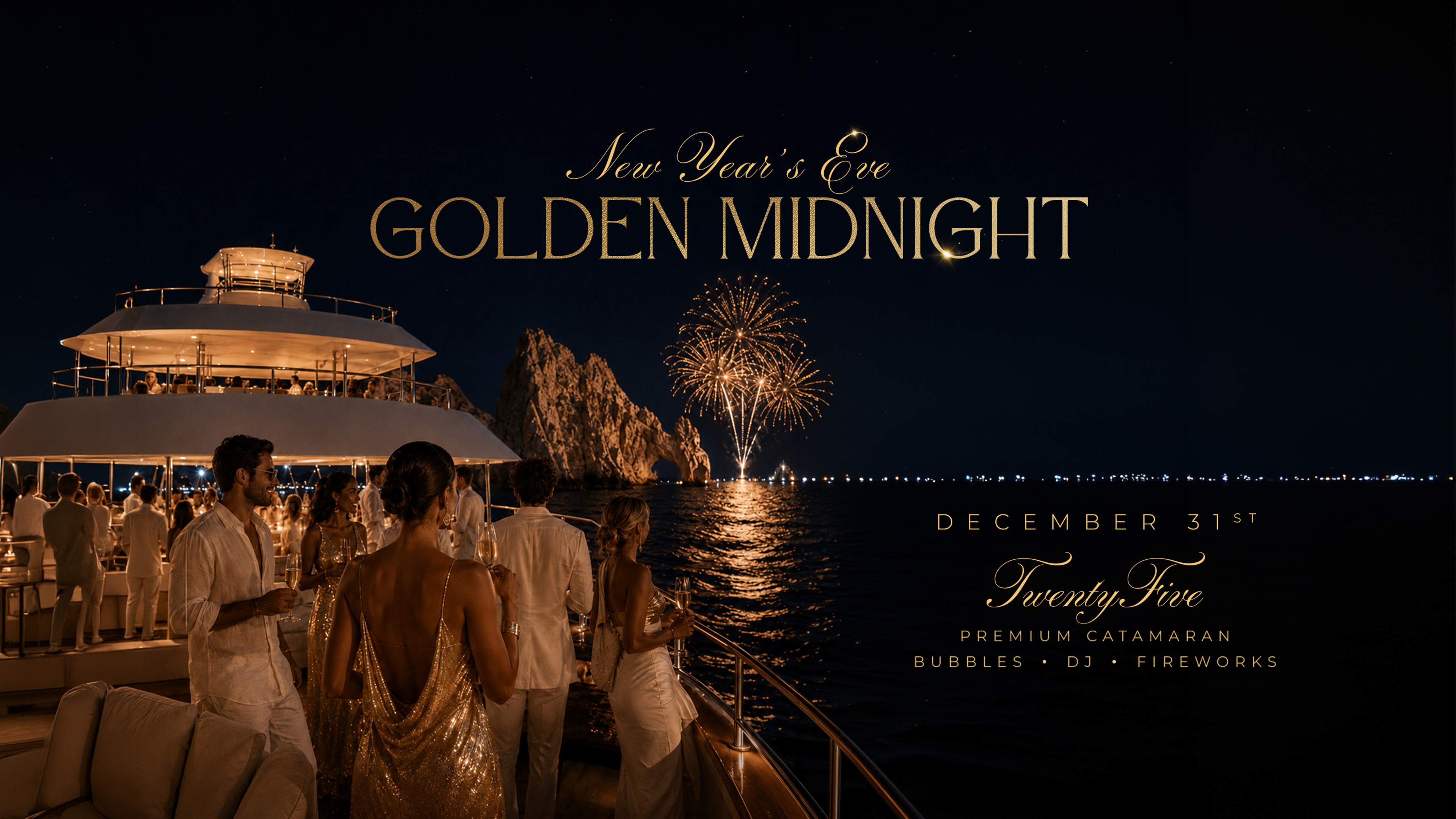 New Year’s Eve Golden Midnight celebration aboard TwentyFive with guests, fireworks and Cabo’s Arch.