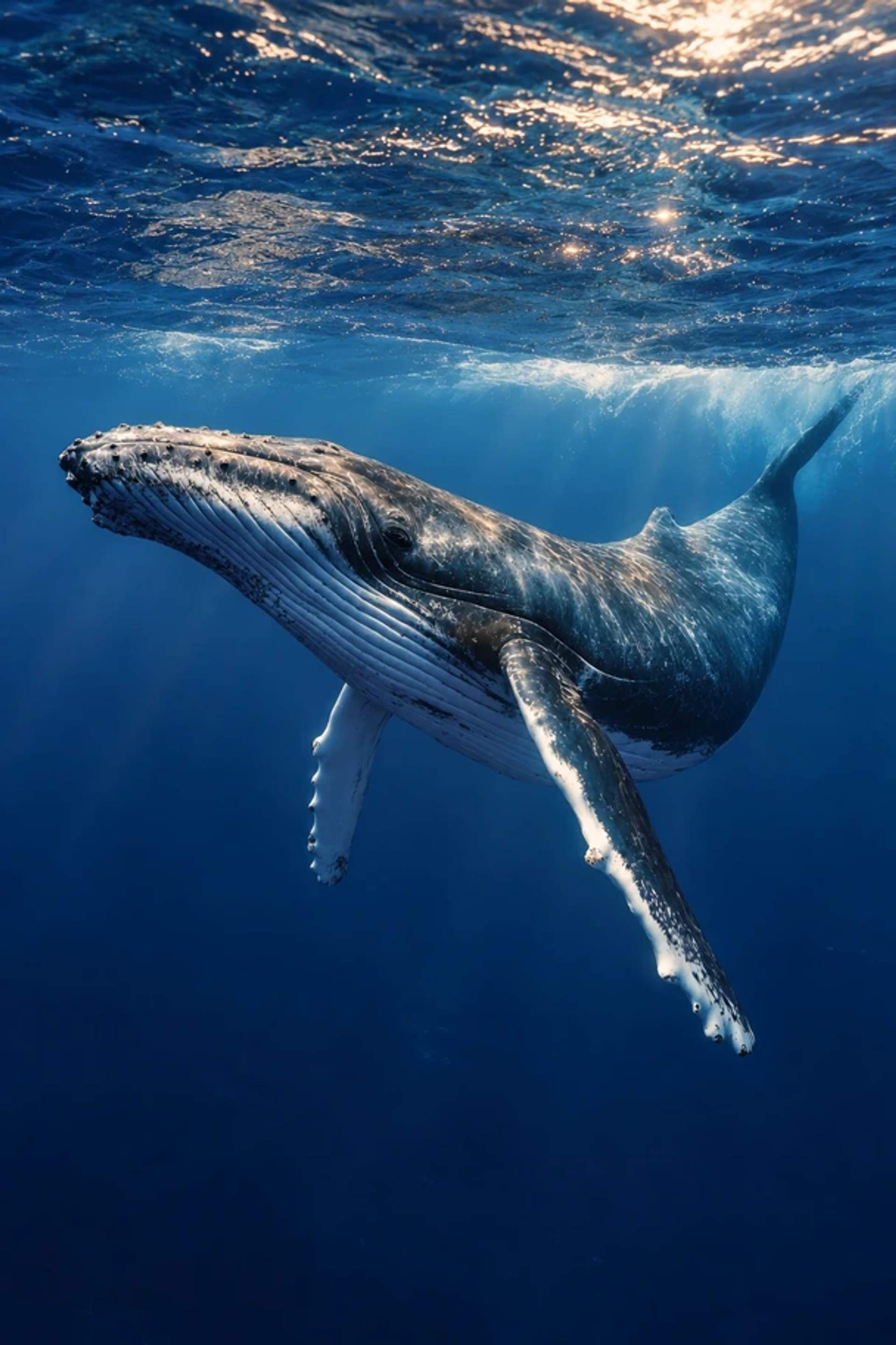 A humpback whale swims underwater, representing Whales & Marine Life experiences with Cabo Adventures.