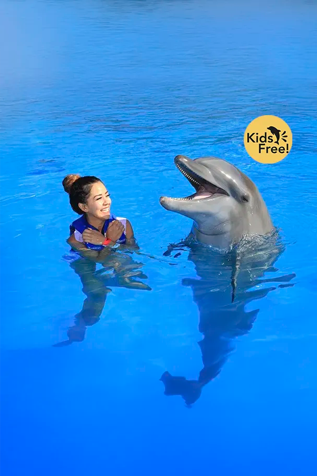 Woman enjoying a dolphin swim in Cabo San Lucas.