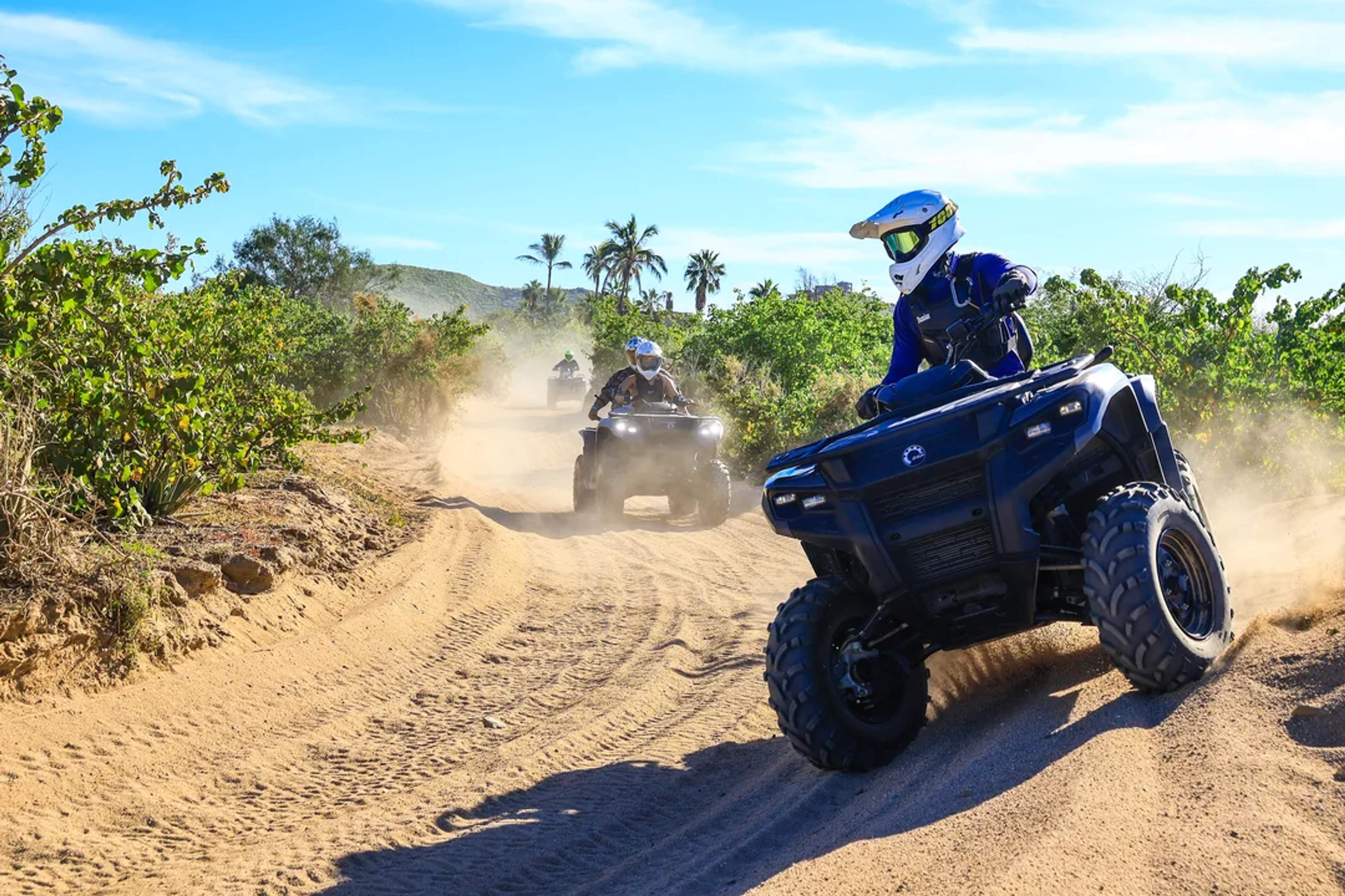 Conductores de cuatrimoto recorren un sendero arenoso rodeado de vegetación y palmeras.