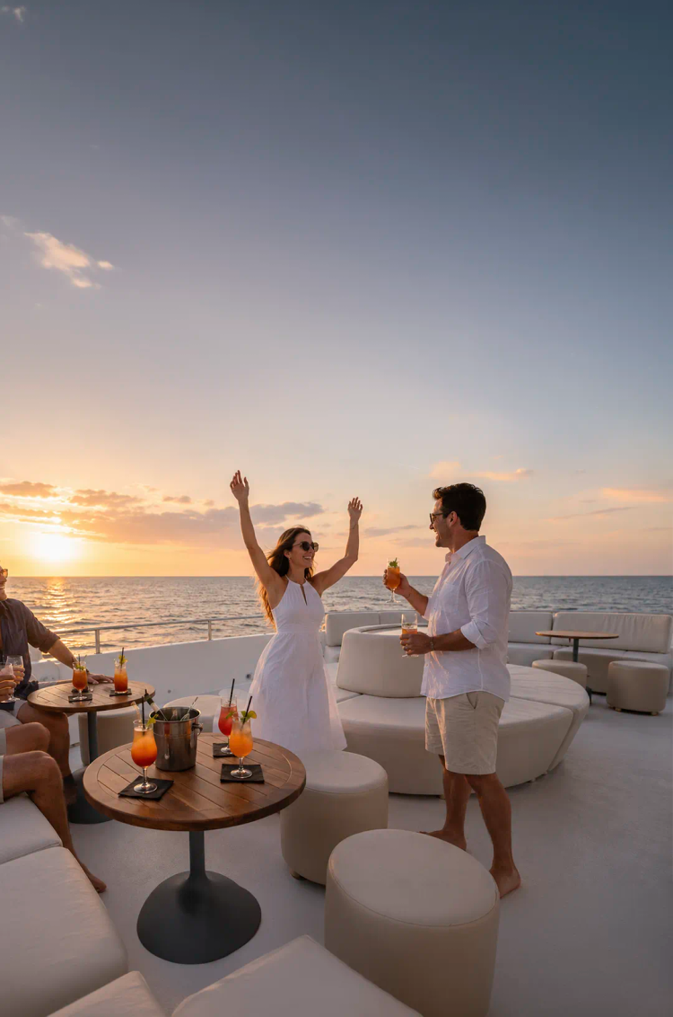 Amigos disfrutan cócteles en un catamarán de lujo al atardecer con vista al mar.