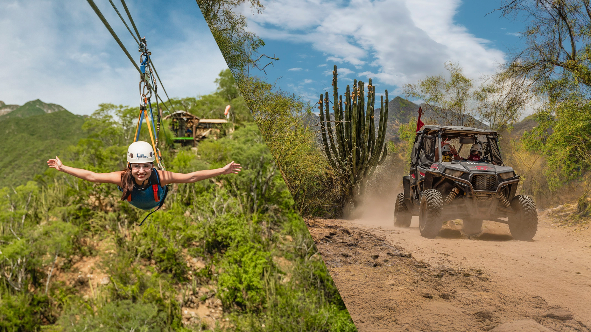Una mujer en tirolesa sobre un bosque verde, con los brazos extendidos, sonriendo, usando casco y arnés.