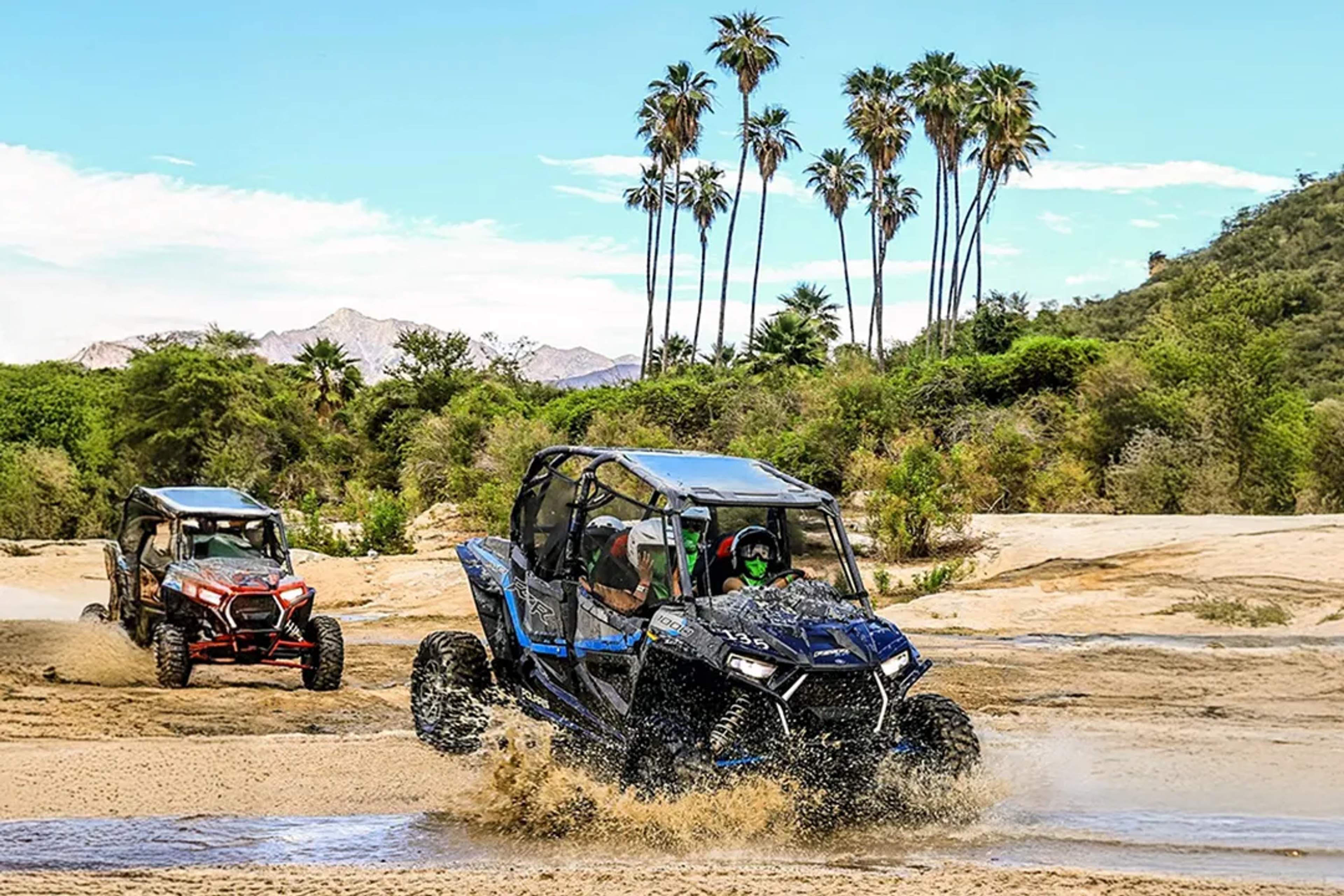 UTV off-road adventure crossing river and desert trails with palm trees and mountains in Los Cabos
