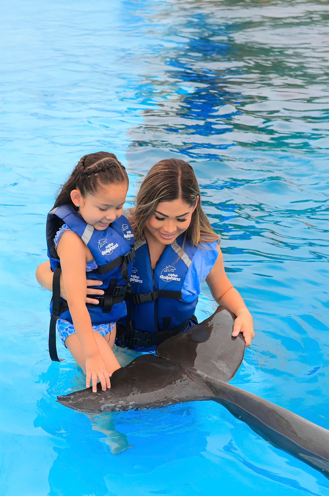 Child enjoying a dolphin swim experience in Cabo San Lucas.