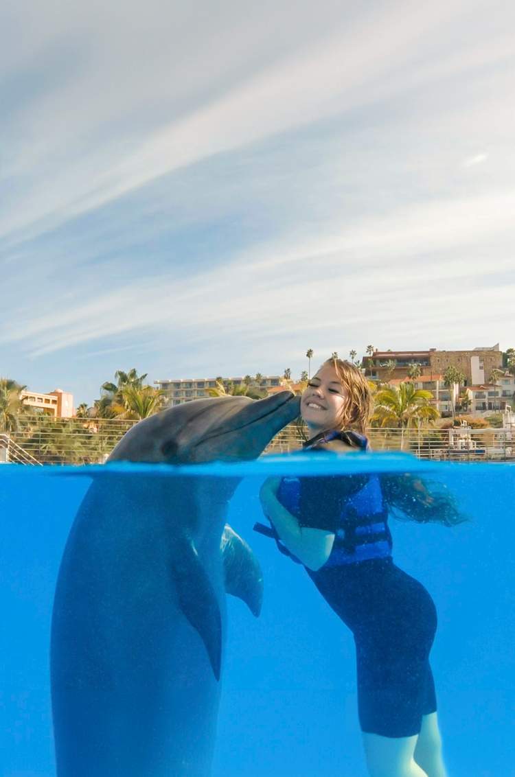 Woman smiles as she receives a sweet kiss from a dolphin in the clear blue water.