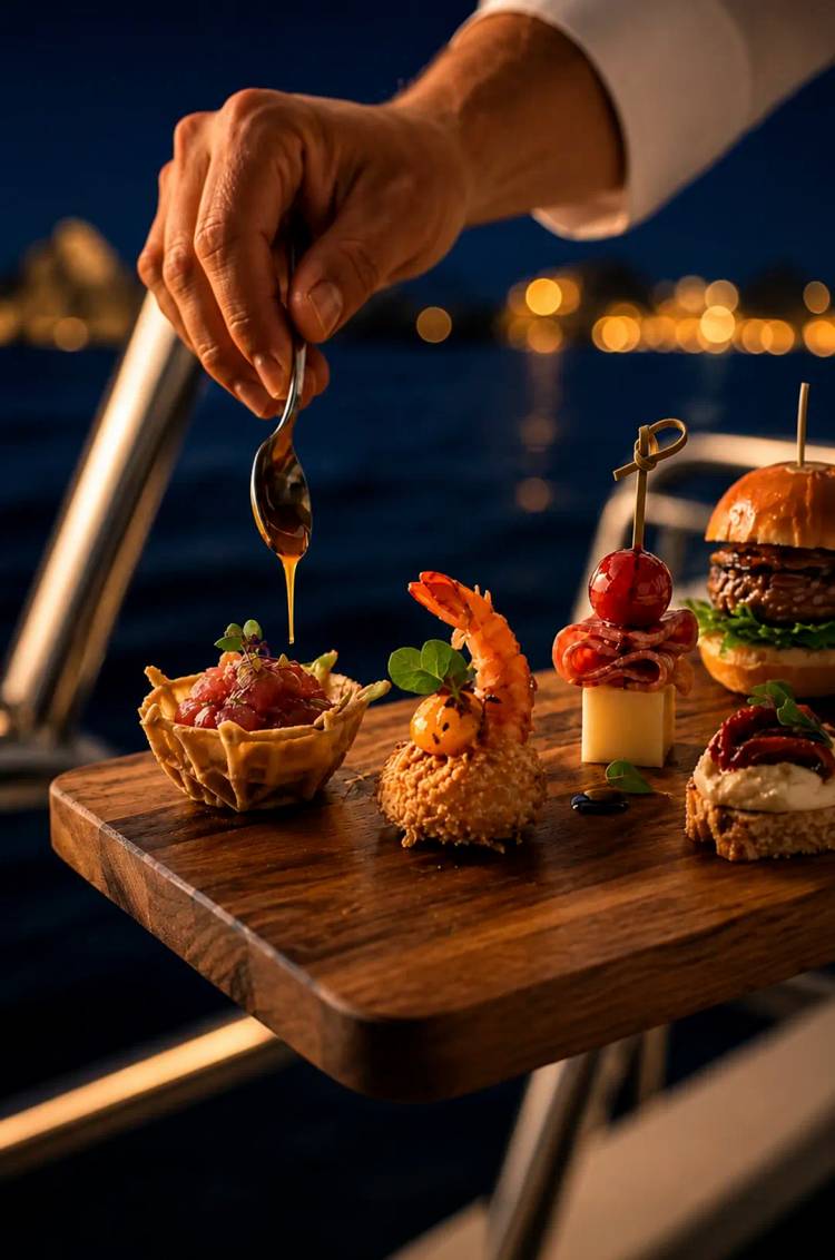 Gourmet bites served aboard TwentyFive catamaran, in Golden Midnight by Cabo Adventures.