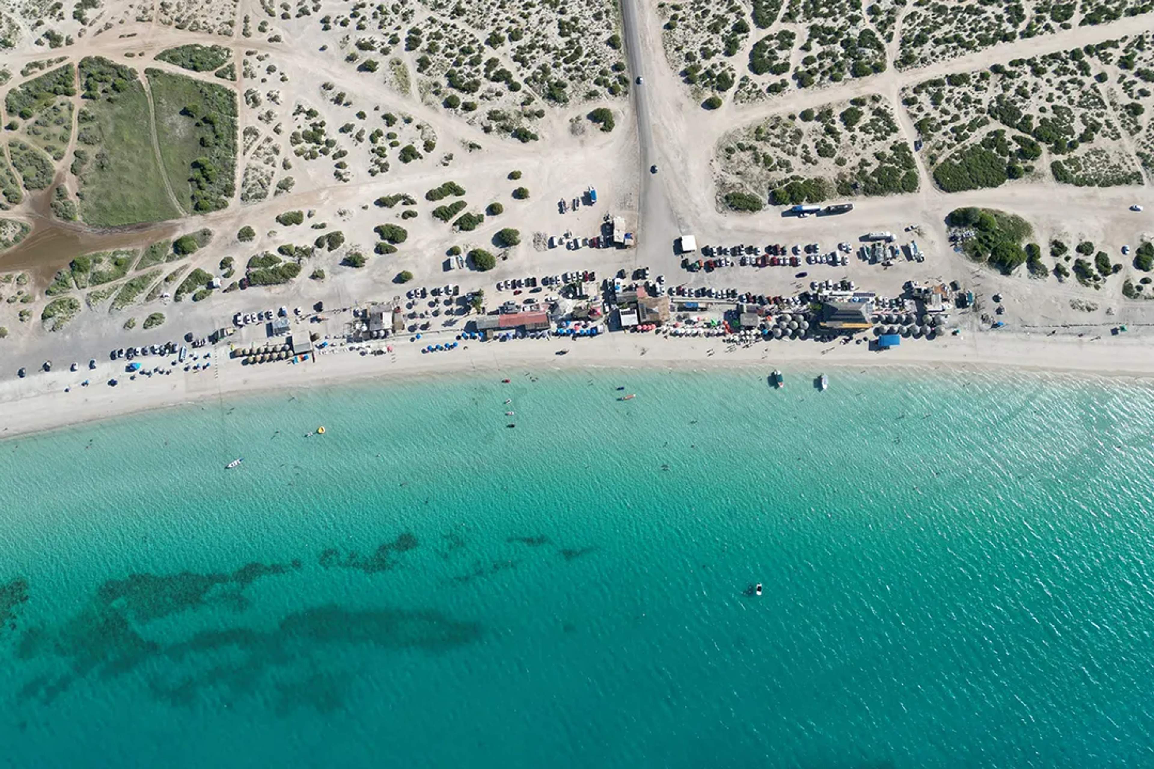 Aerial view of Tecolote Beach in La Paz, Mexico, showing turquoise waters and beachfront activity.
