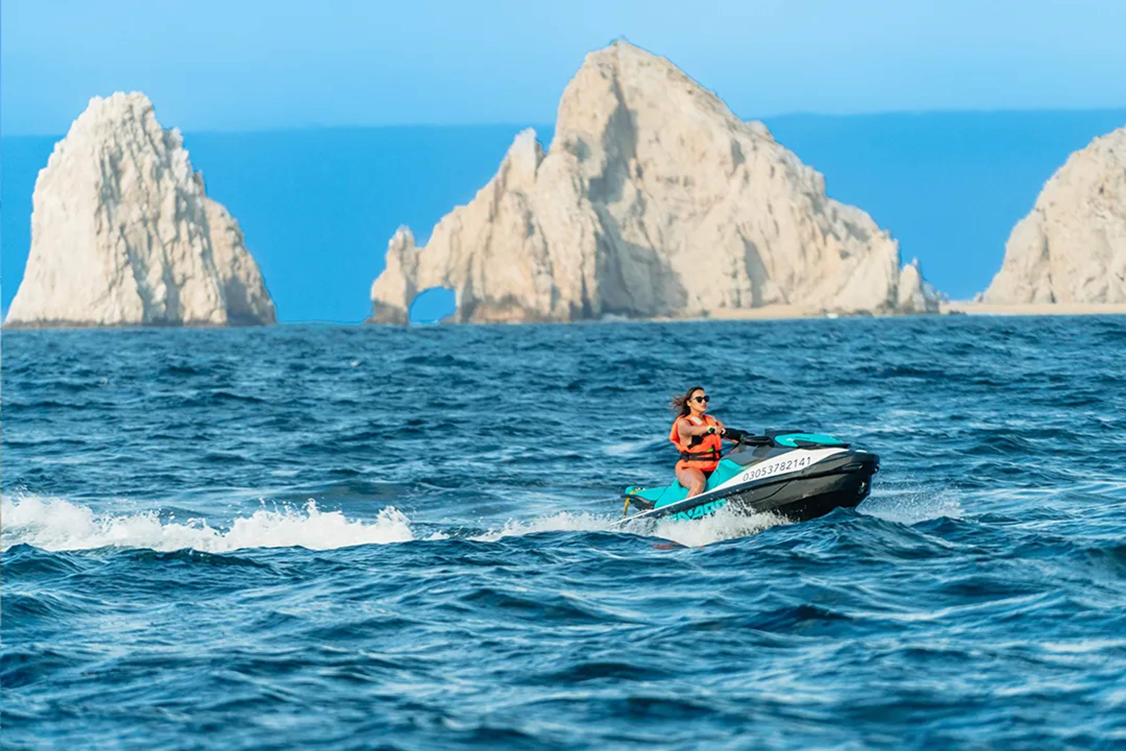 Jet ski tour in Cabo San Lucas near the Arch with ocean adventure and views of iconic rock formations