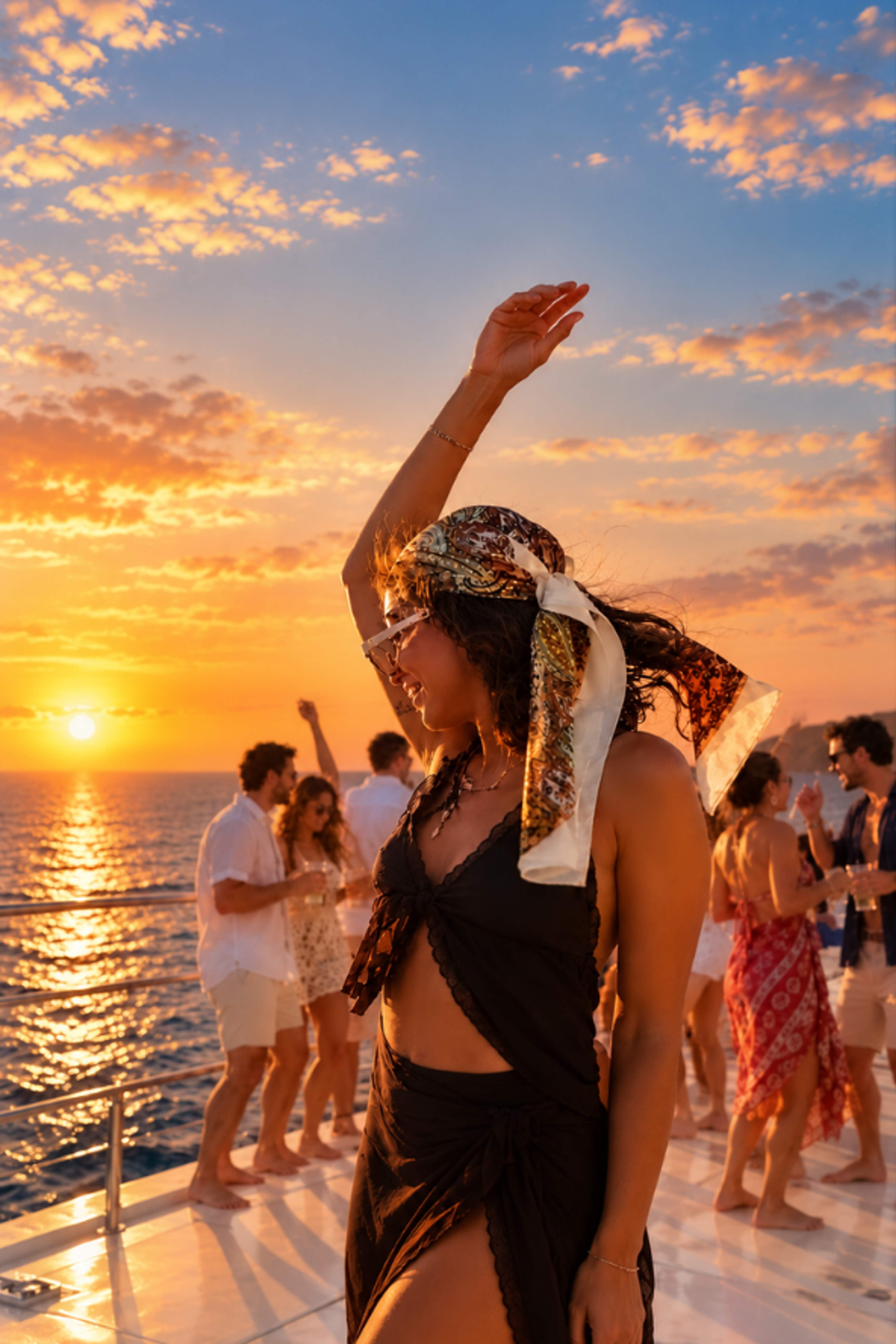 Guests dancing aboard a Cabo Adventures sunset cruise in Cabo San Lucas.