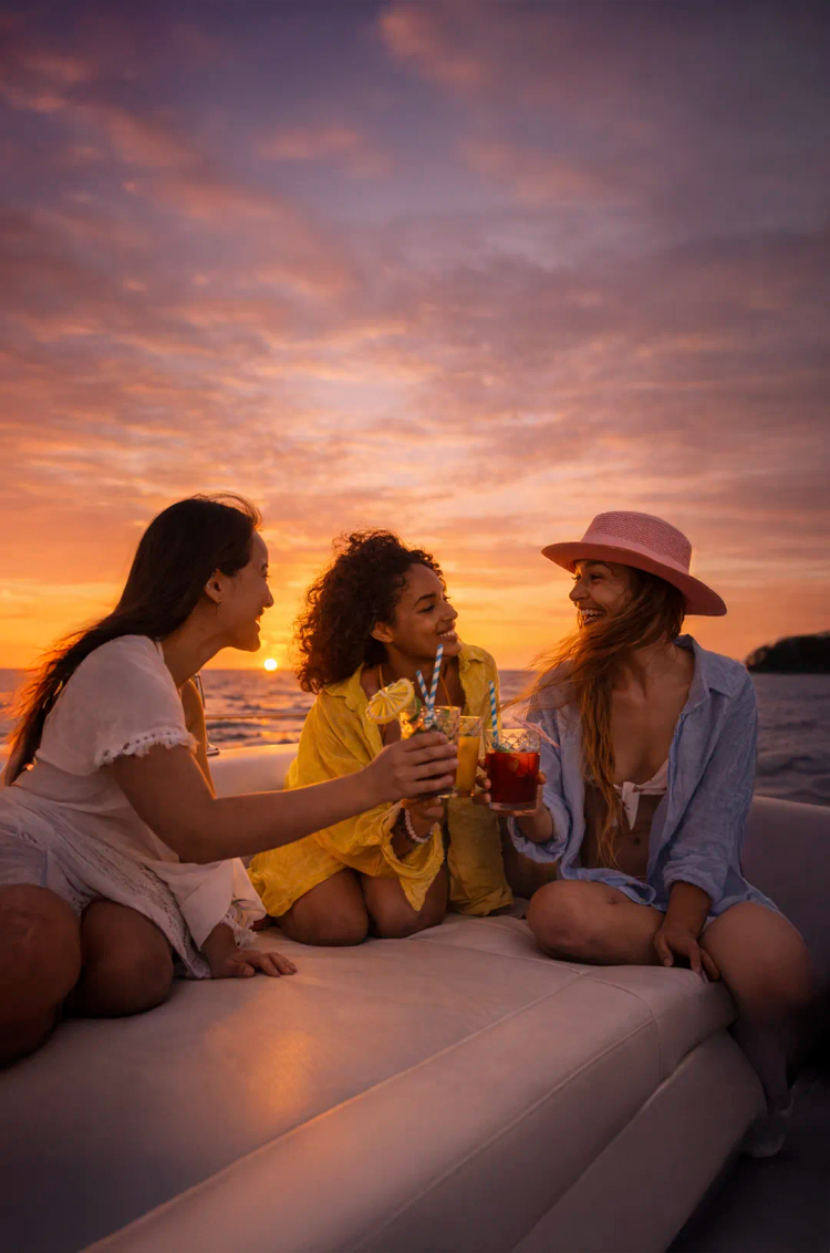 Amigas disfrutando bebidas al atardecer en un paseo en Cabo con vistas al mar y ambiente relajado