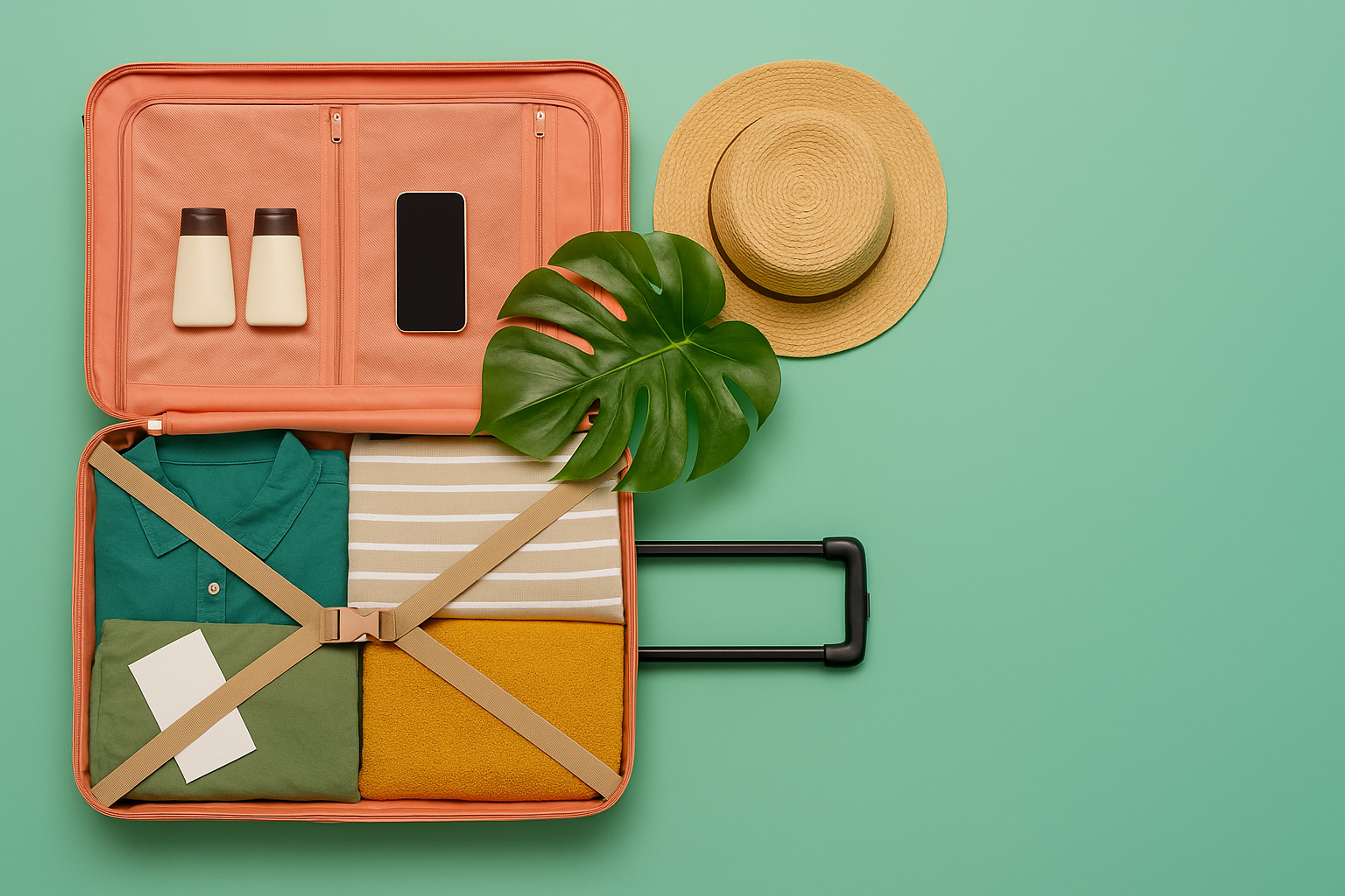 Maleta morada abierta con ropa, sombrero, celular y esenciales de viaje ordenados.