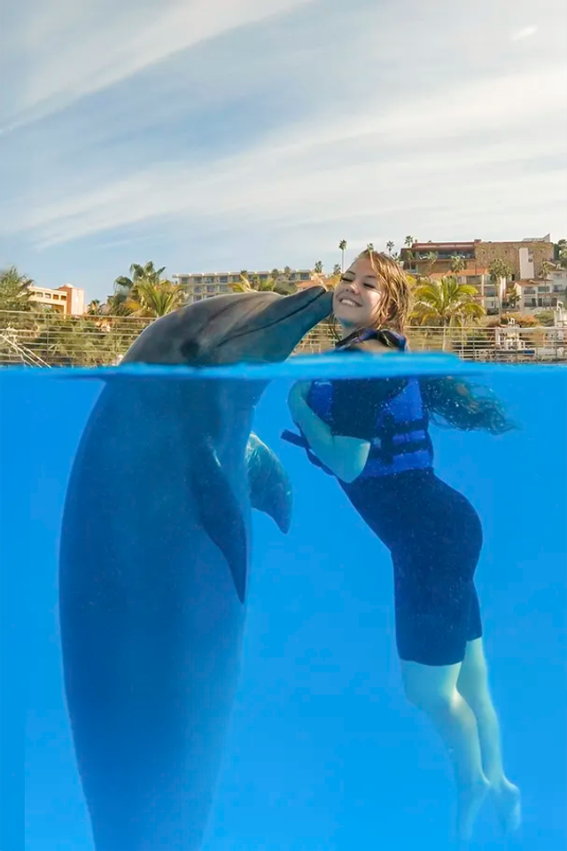 Woman smiles as she receives a sweet kiss from a dolphin in the clear blue water.