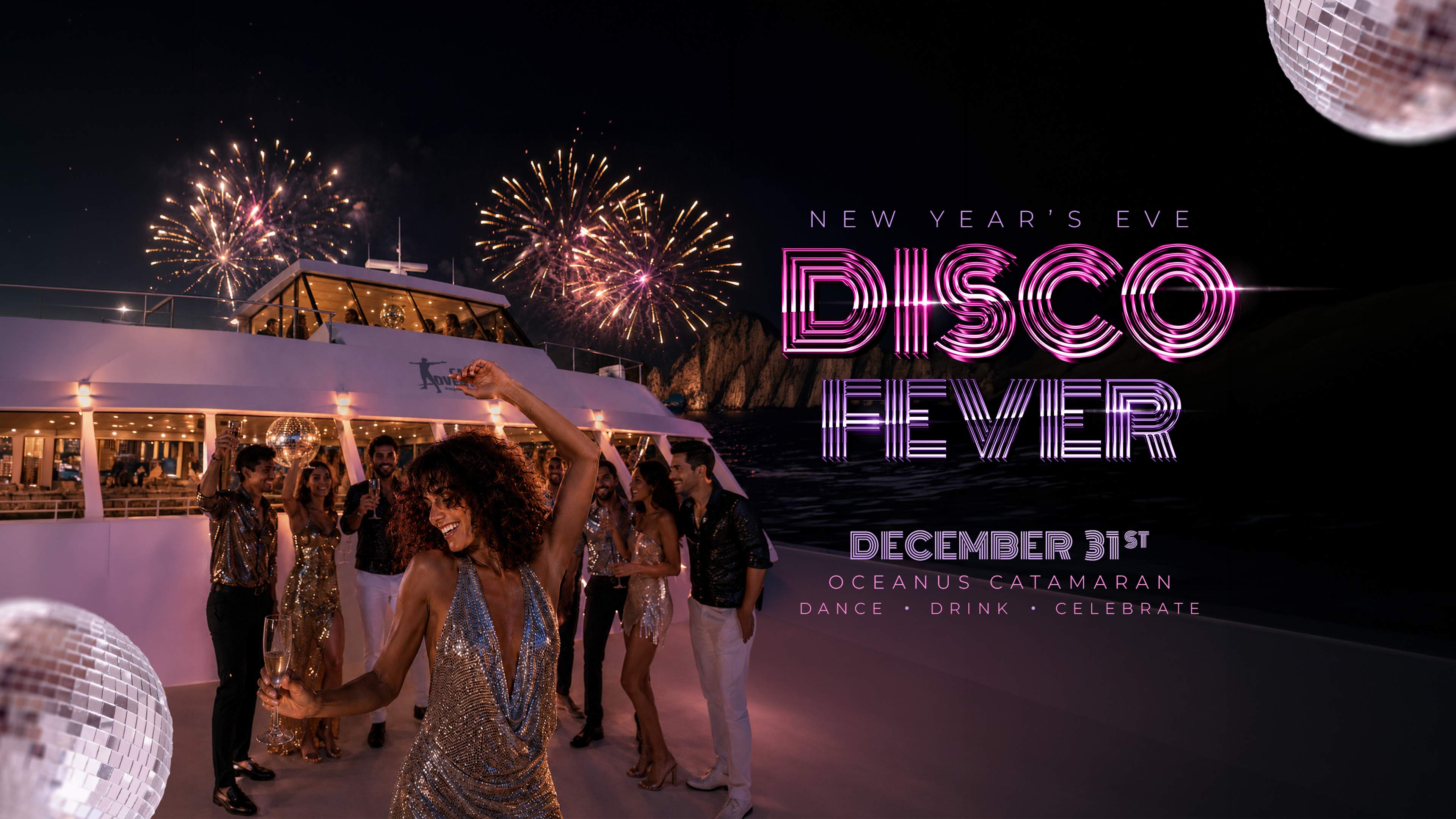 New Year’s Eve Disco Fever party aboard Oceanus with guests dancing, fireworks and disco balls.