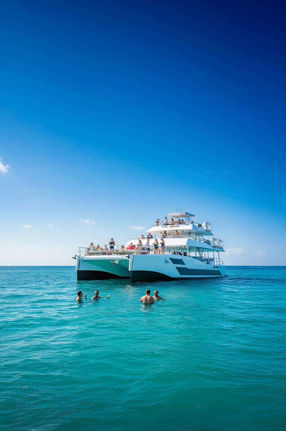 Guests swimming and relaxing beside the TwentyFive premium catamaran anchored in turquoise waters during a Cabo day cruise.
