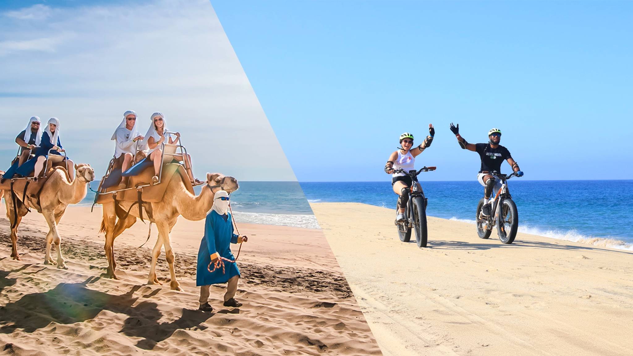 People enjoying a bike ride and a camel safari along the beach in Cabo San Lucas.