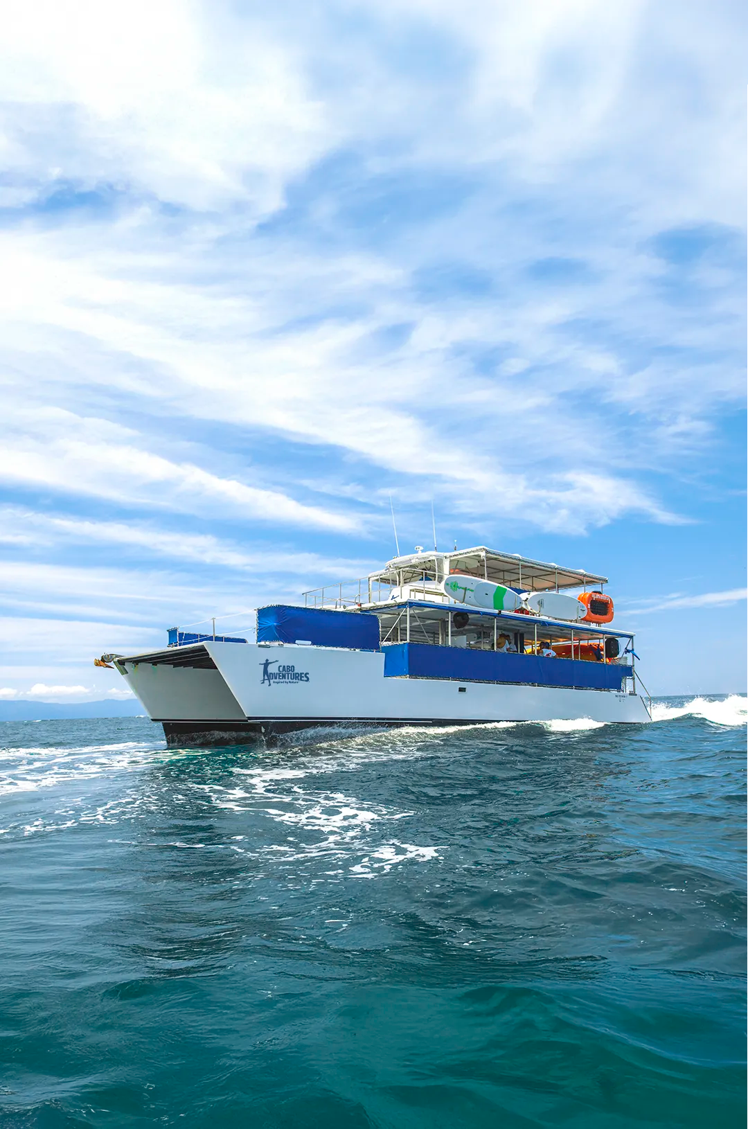 Luxury Cabo Adventures catamaran sailing across the Sea of Cortez for snorkeling and ocean tours.