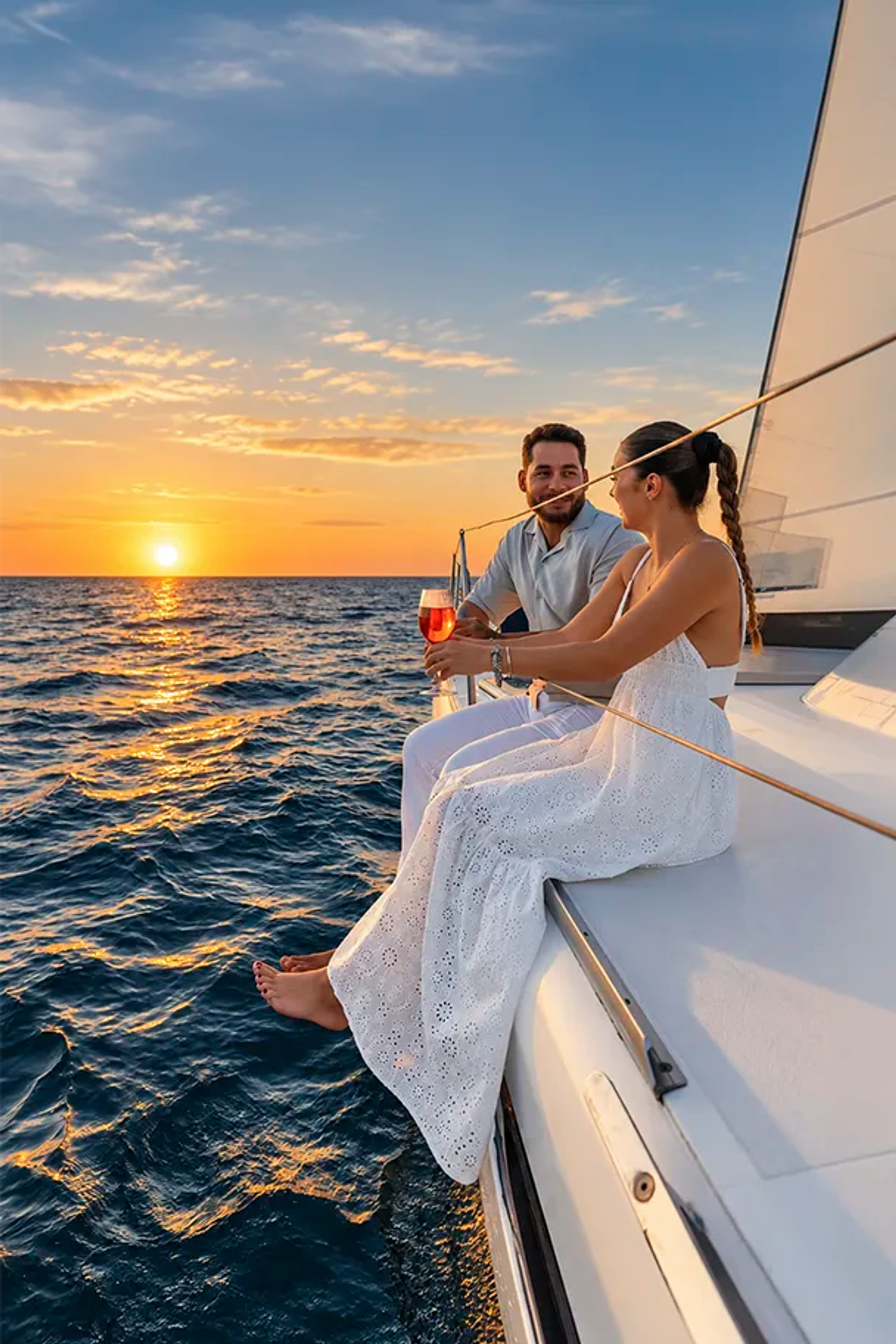 Couple enjoying a romantic sunset sail in Los Cabos with Cabo Adventures.
