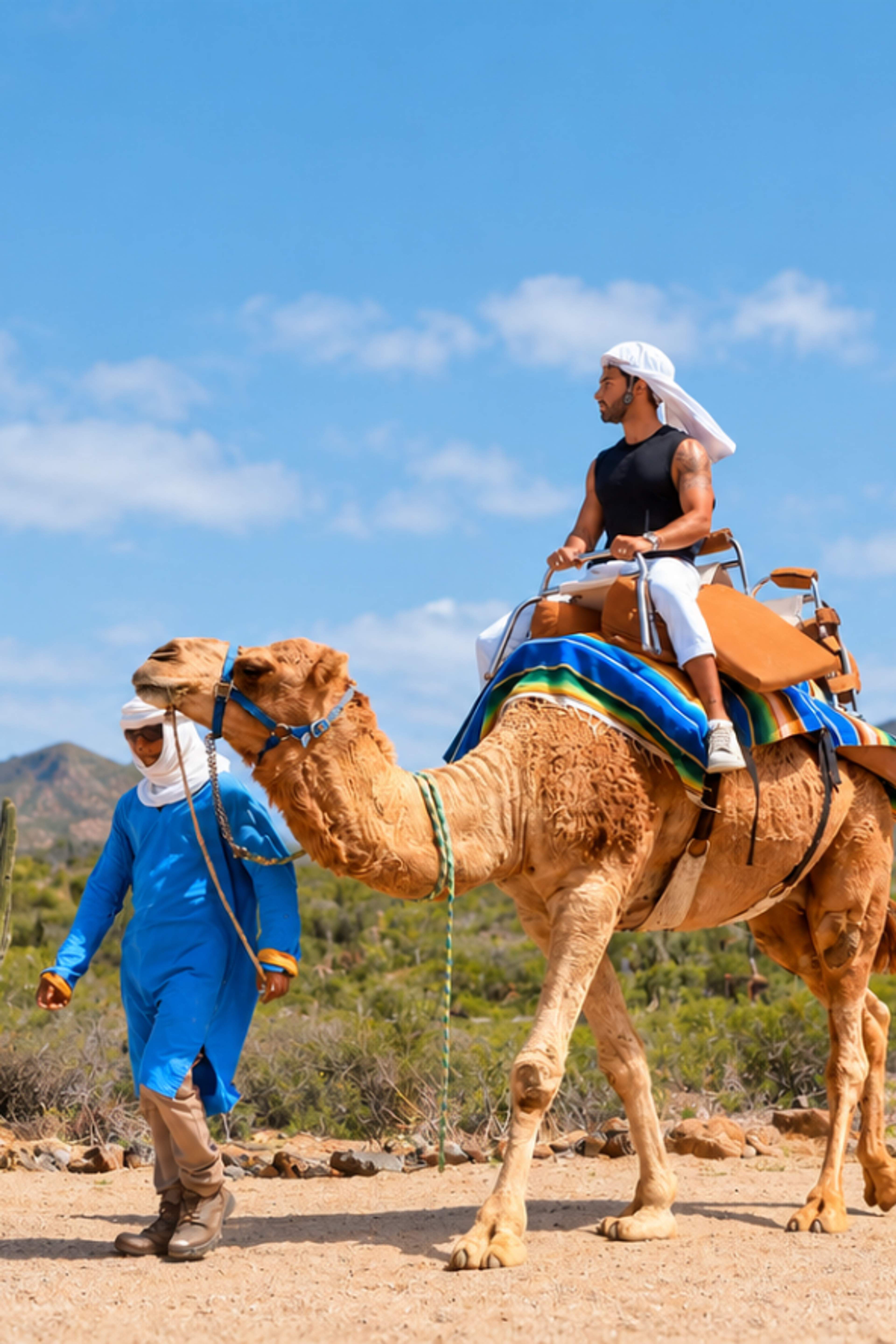 Adult traveler rides a camel with Cabo Adventures through the cactus-filled Baja desert in Los Cabos.